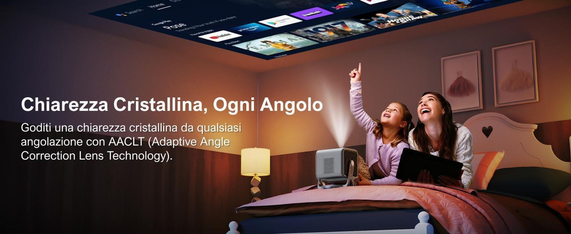Proiettore ULTIMEA Nova C40 con decodifica 4K e Android TV 11.0 proiettore 1000:1, Dolby Audio, 600 ANSI, HDR10&HLG, con design cardanico a 90° senza supporto