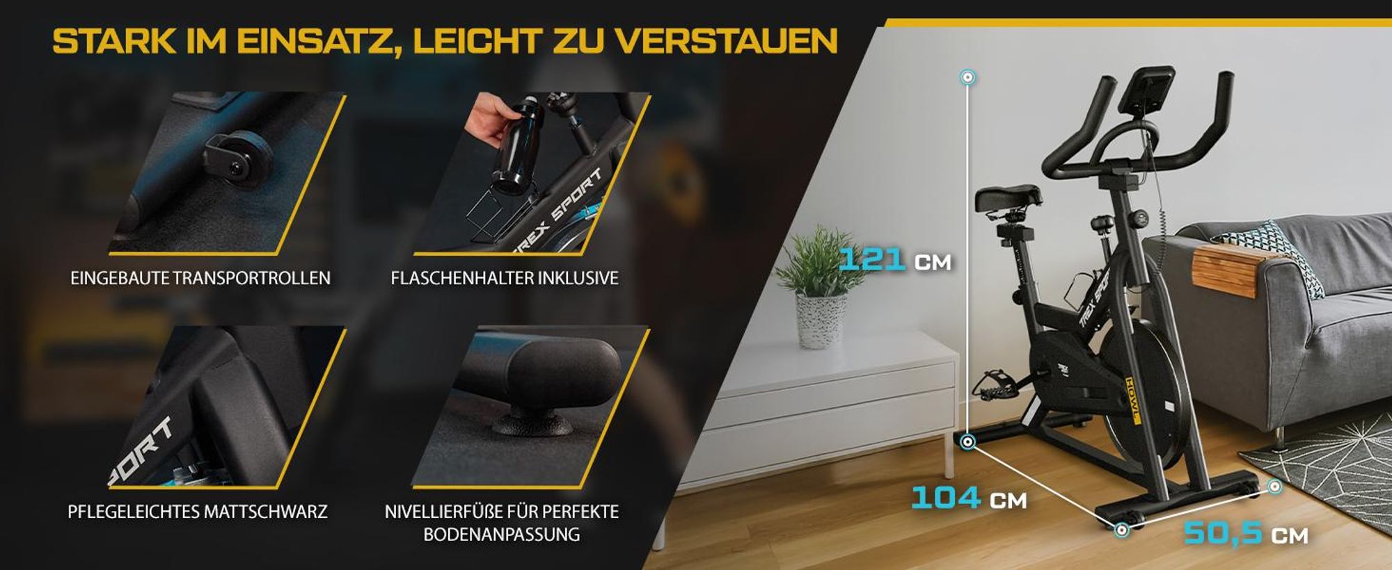 TREX SPORT Indoor Bike Heimtrainer Fahrrad TX-640SB HOWL |Mechanischer Widerstand, 12kg Schwungrad, Trainingscomputer, Pulssensoren | leise, bis 130kg