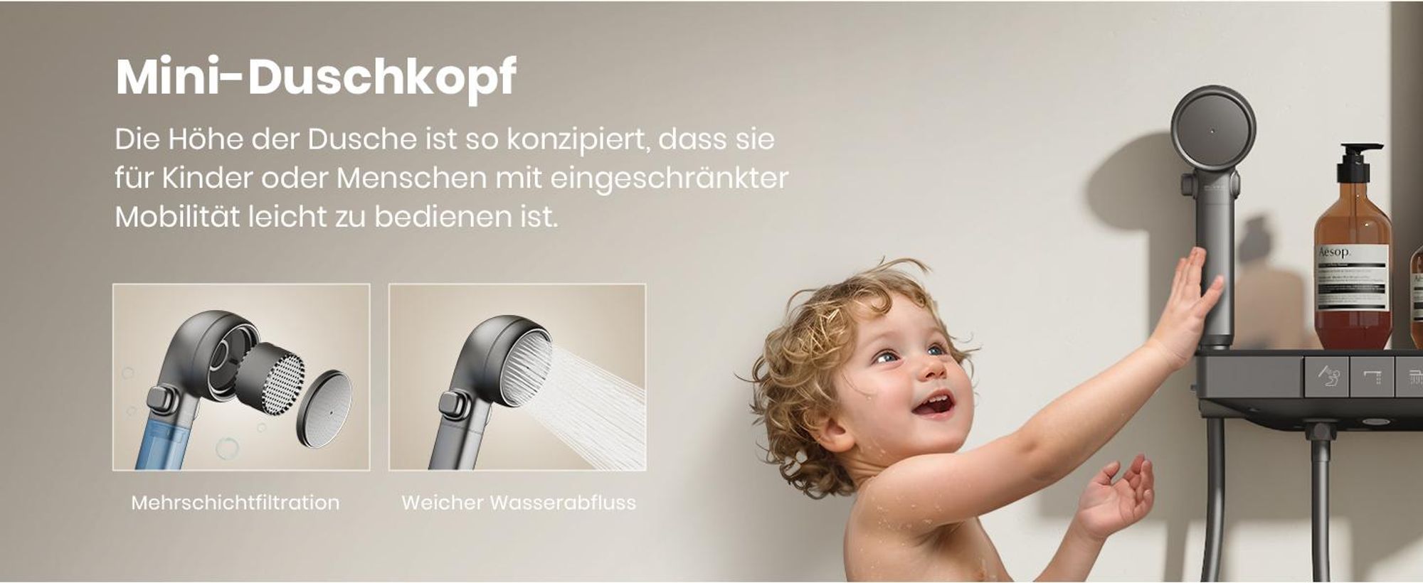 EMKE® Duschsystem mit Thermostat Matt Anthrazit mit Kinderdusche, Digitalanzeige & Chlorfilter 4 Ausgänge Familienfreundlich Duschsäule F23