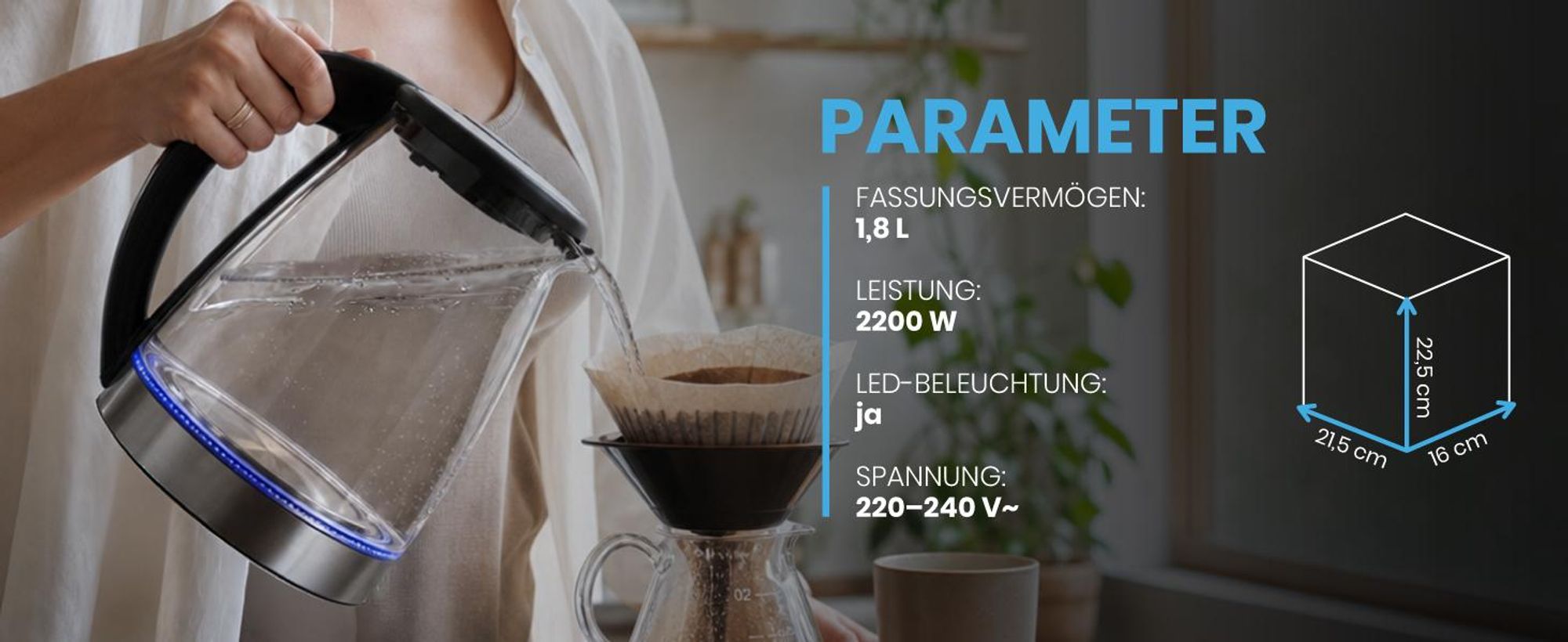 Elektrischer Glaswasserkocher mit einem Fassungsvermögen von 1800 ml Leistung 2200 Watt