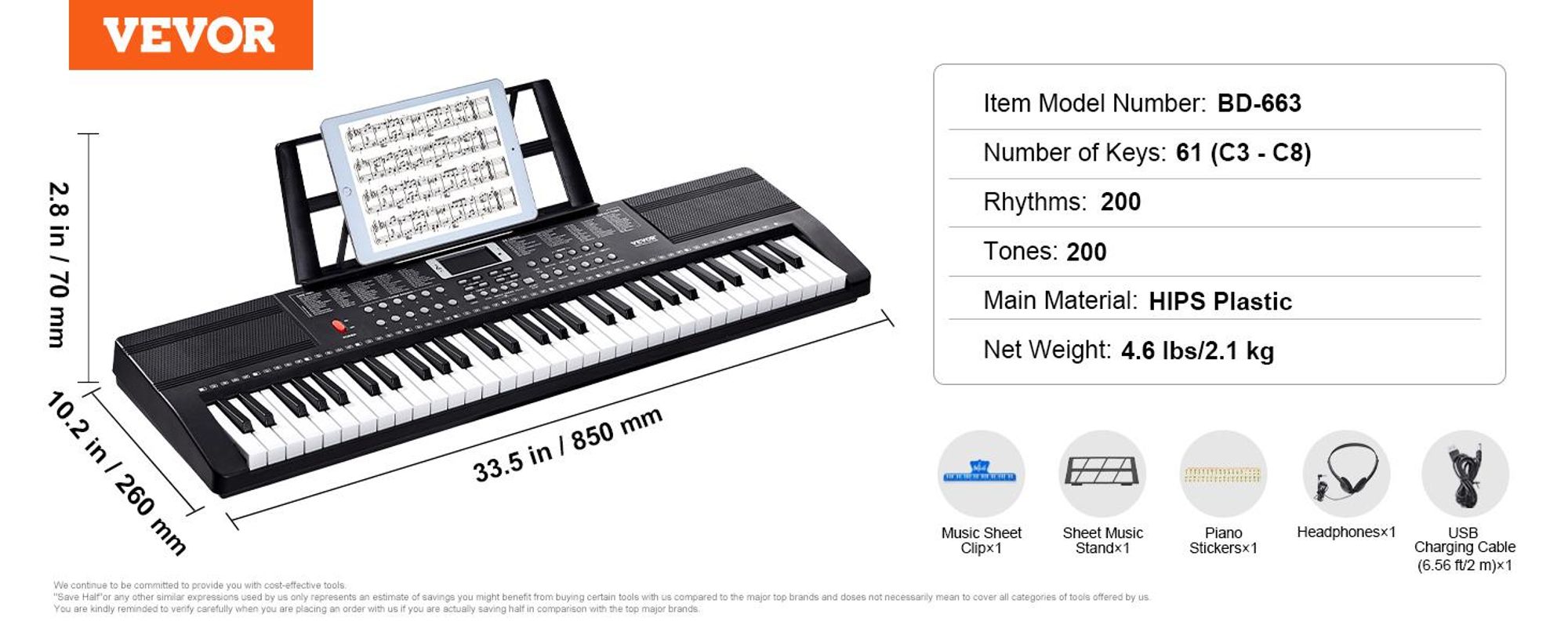 VEVOR Digitales Klavier, 61 Tasten, tragbares Keyboard-Kit, 200 Töne, 200 Rhythmen