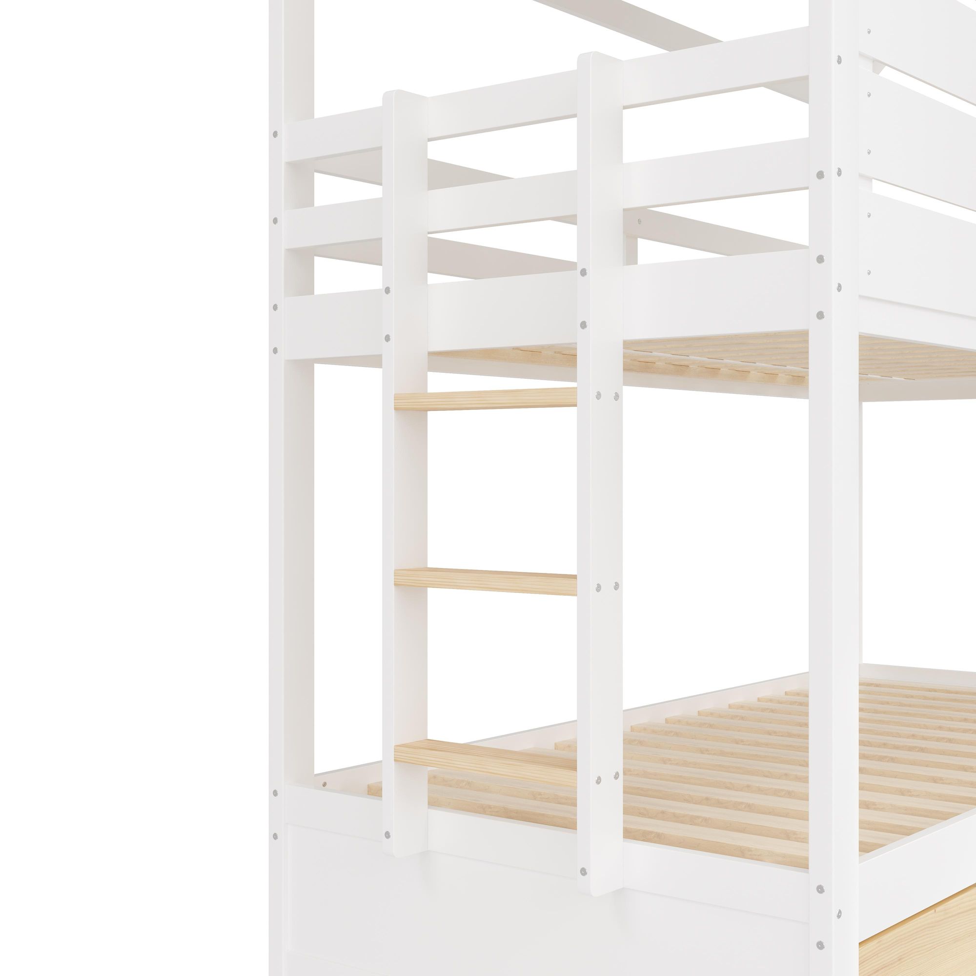 Merax Haus-Etagenbett 90x200 mit Ausziehbett, Kinderbett mit Rutsche und 2 Schubladen, Holz Jugendbett für 3 Kinder, Stockbett, Hochbett, Weiß+Natur