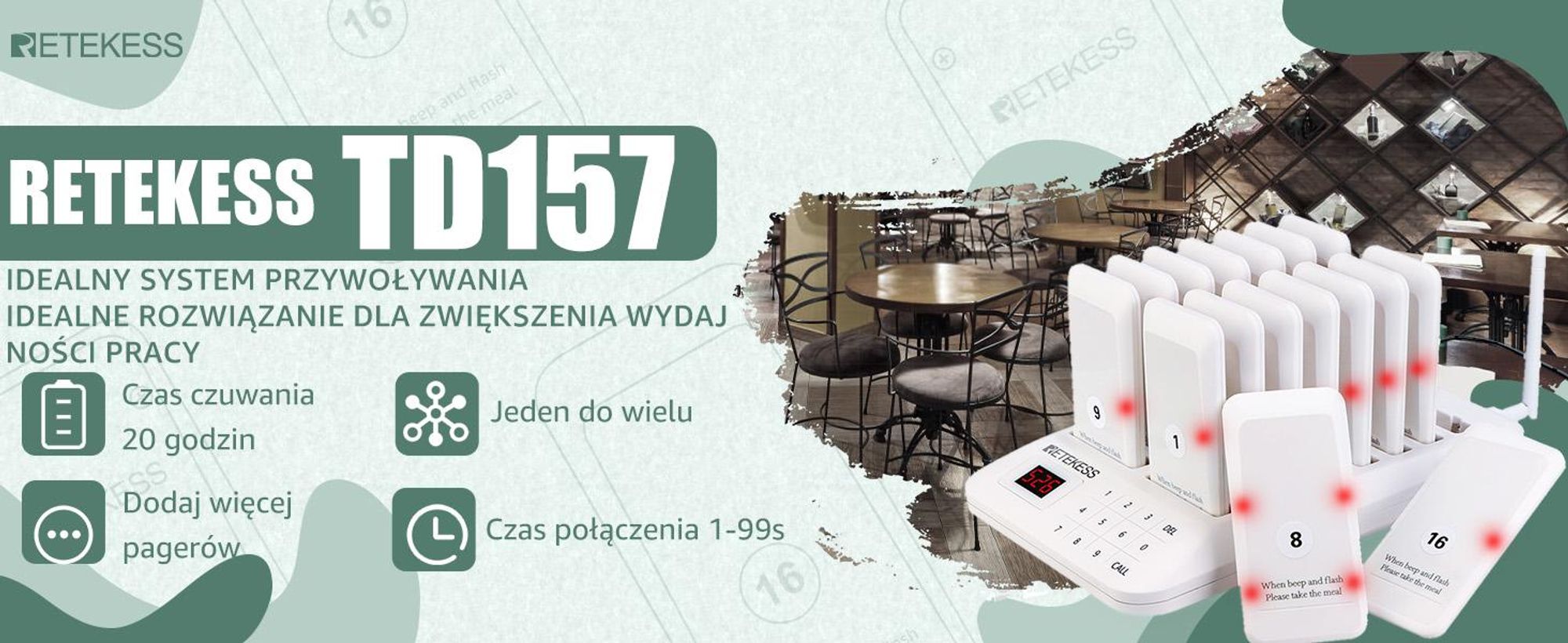 Retekess TD157 Bezprzewodowy system przywoławczy, system przywoławczy klienta z 2 trybami wywoływania + zdalne wywołanie, 16 pagerów 998 kanałów dla szpitala i baru restauracyjnego (biały)