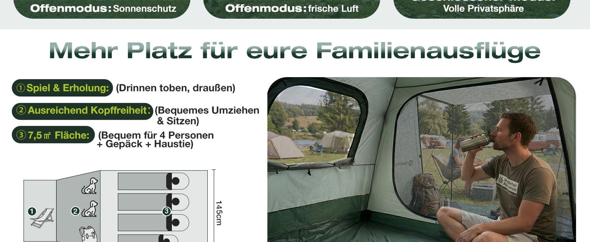 Sekey Kuppelzelt 4 Personen mit Vorzelt & Markise, Pop Up Campingzelt, Wasserdicht PU3000 mm, UPF 50+, Familienzelt