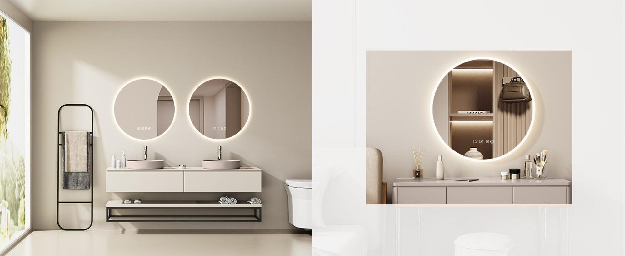 HOKO LED Specchio da parete rotondo 80 cm Orologio antiappannamento Design moderno Interruttore a sfioramento e bianco caldo/freddo