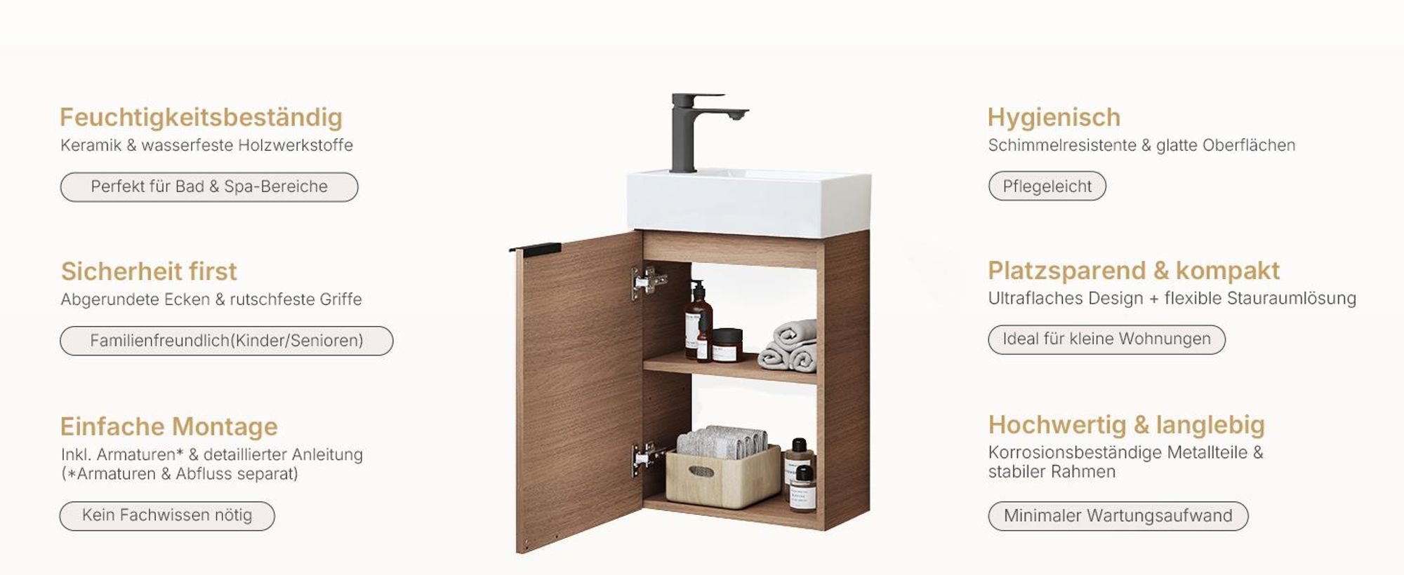 EMKE Waschbeckenunterschrank mit waschbecken 417×240×646 mm wandhängend, Badezimmerschrank, Waschtischunterschrank Soft-Close, Sonoma Eiche