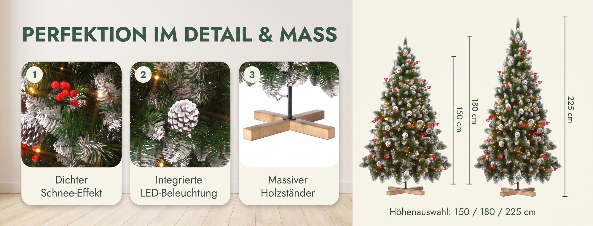 LARS360 Künstlicher Weihnachtsbaum 150 cm mit Holzständer, Schnee-Effekt, Tannenzapfen und roten Beeren, grüner Weihnachtsbaum für Weihnachten