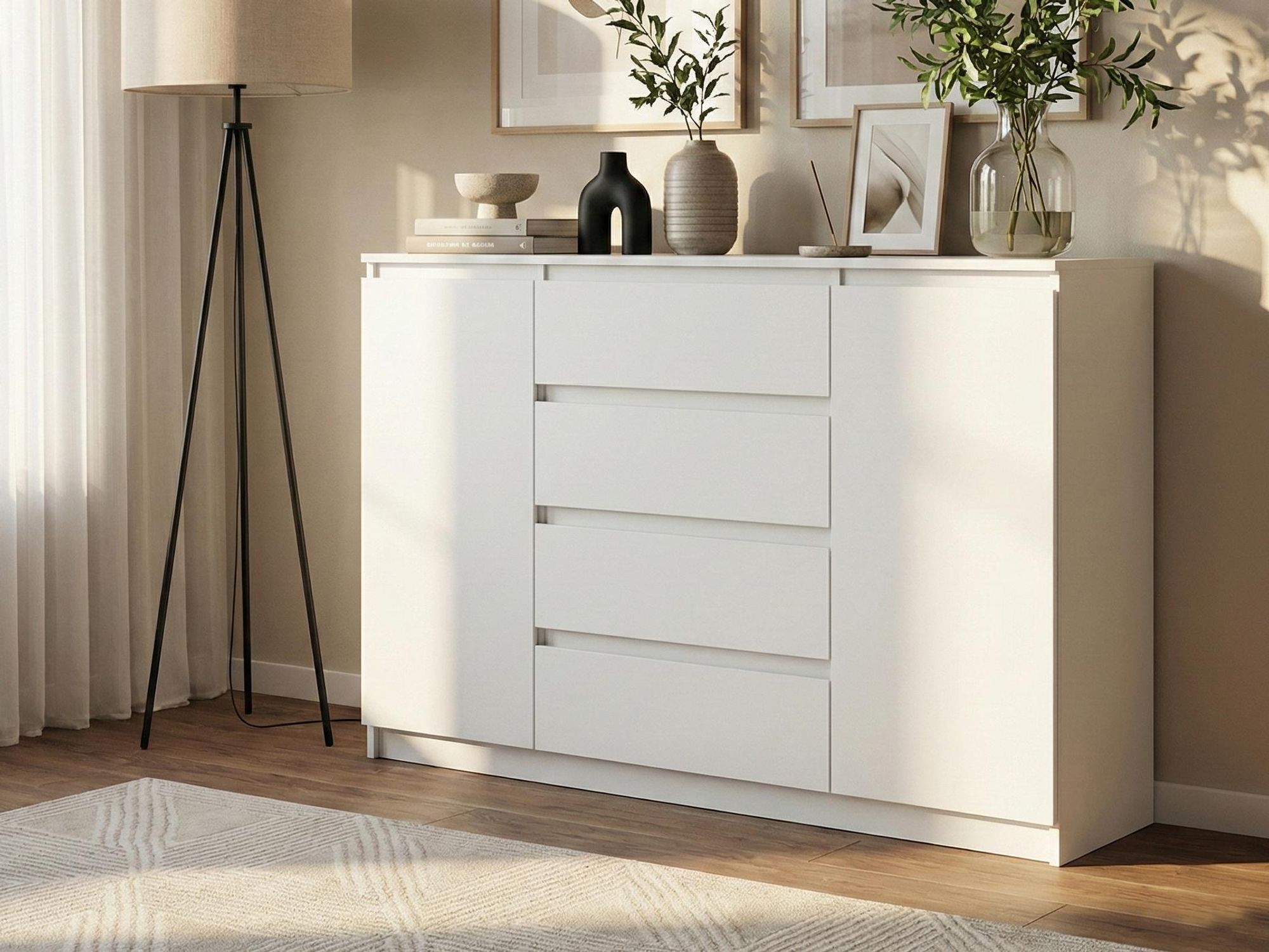 BEAUTYSOFA | Kommode LEMON 140 cm Weiß, Sideboard mit 4 Schubladen und 2 Türen, Modernes Aufbewahrungsmöbel für Schlafzimmer, Wohnzimmer und Flur