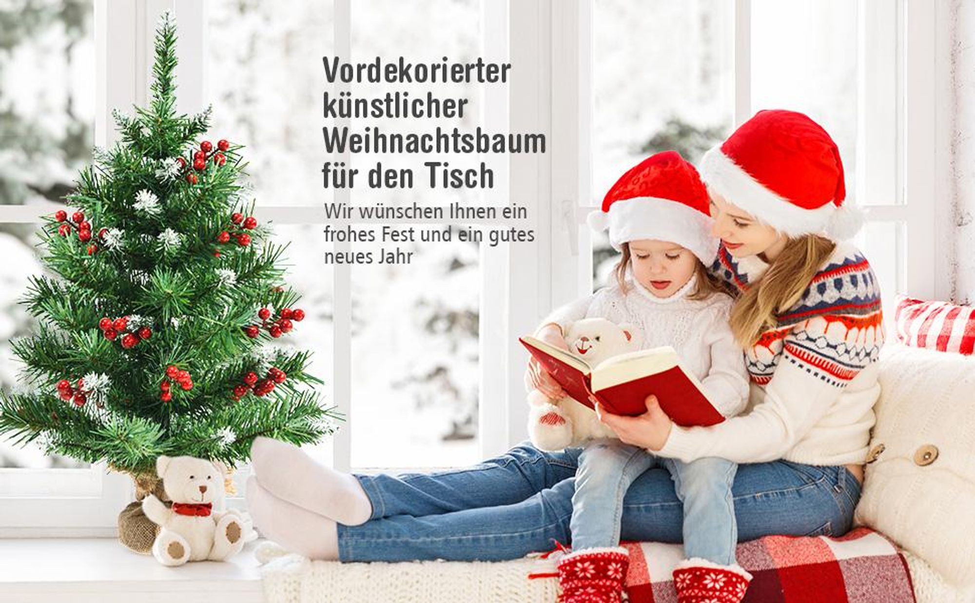 COSTWAY 60cm Kleiner Weihnachtsbaum, Mini Weihnachtsbaum mit 76/108 Zweigen, roten Beeren und Sockel, künstlicher Tisch Weihnachtsbaum für Haus Büro