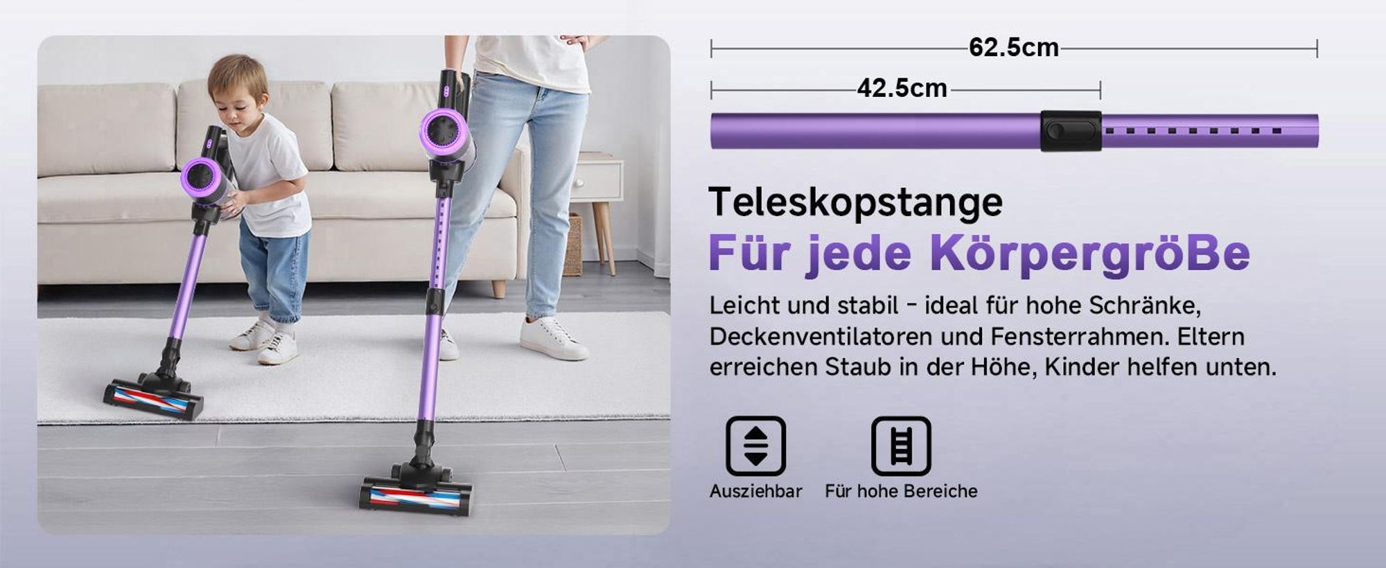 Akku Staubsauger, 500W/32000Pa Staubsauger kabellos mit HEPA ,45 Min, kabelloser Staubsauger,Anti-Tangle-Staubsauger