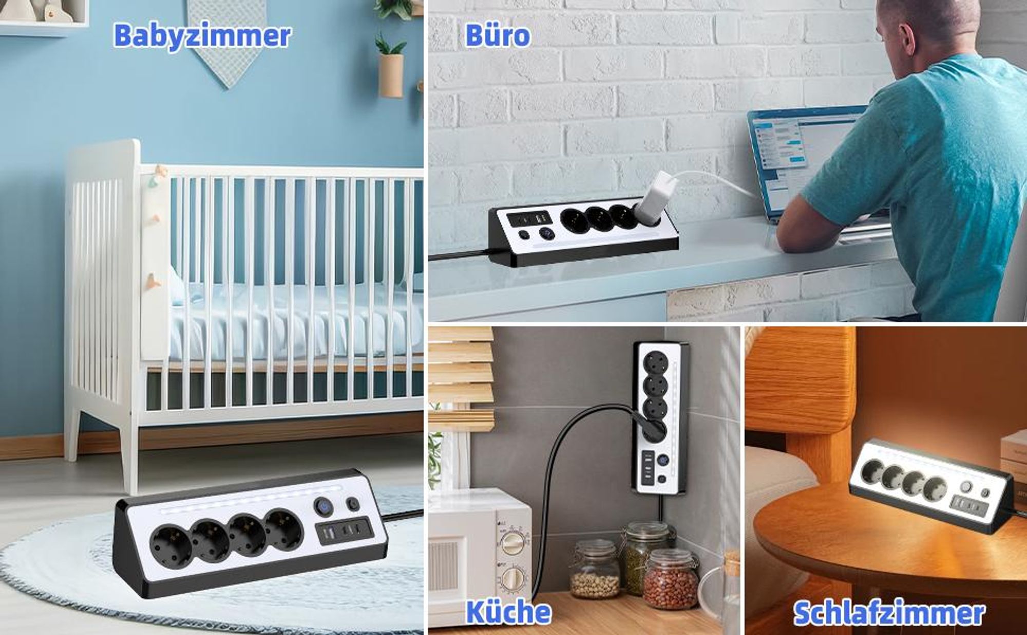 Steckdosenleiste, Steckerleiste, Tischsteckdose, 4 Fach Mehrfachsteckdose, Mehrfachstecker, 16A 3680W Ecksteckdose mit 2 Schalter, für Küche, Büro