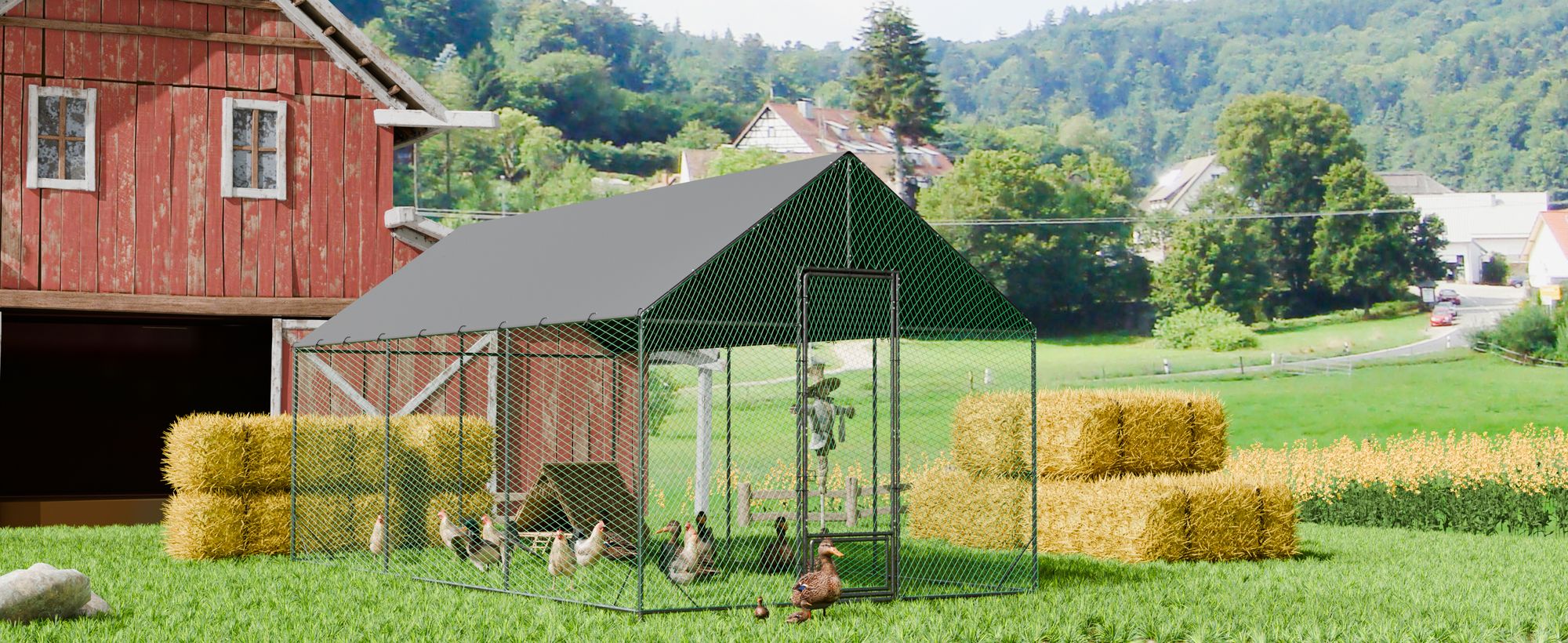 WISFOR 5.25㎡ Hühnerstall Kleintierstall Freilaufgehege Kleintiergehege mit Dach, 300x207x276cm, Größe: L