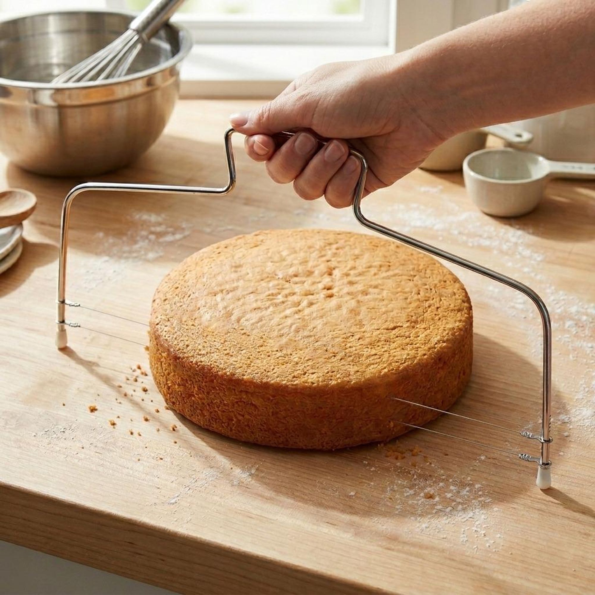 WELLHAUS Kuchenschneider mit Schneidedraht für Torten und Biskuit – höhenverstellbar für gleichmäßige Kuchenböden und Tortenböden