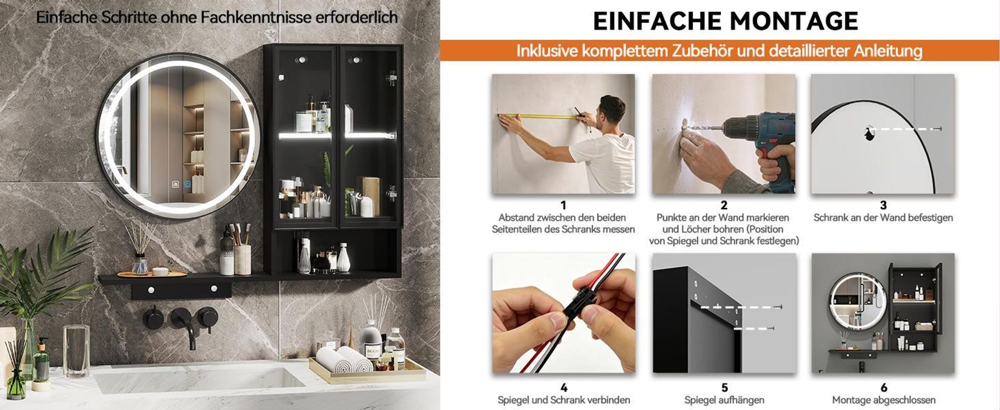 Puluomis Spiegelschrank LED Badspiegel mit Schrank und offenen Fächern, 3 Lichtfarben & dimmbar, Antibeschlag, Touch-Steuerung Wandschrank schwarz