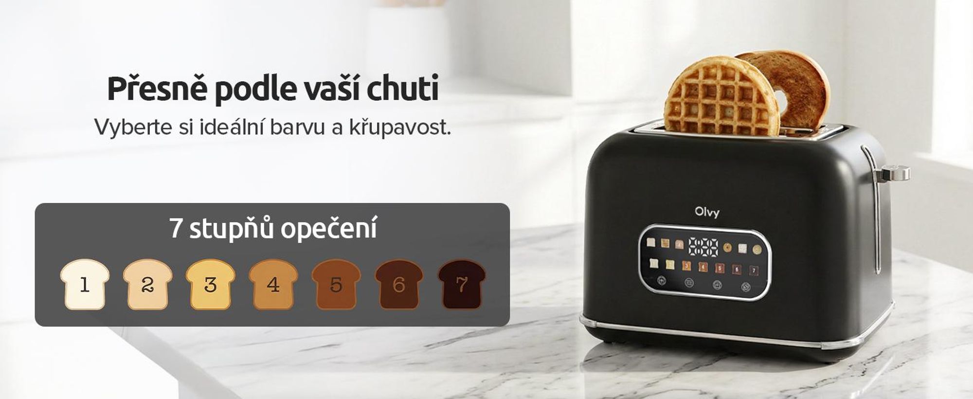Toustovač Olvy, dotykový displej s časovačem, 7 stupňů opékání, extra široké otvory, 6 programů včetně bagelů a vaflí, funkce rozmrazování a ohřívání, černý