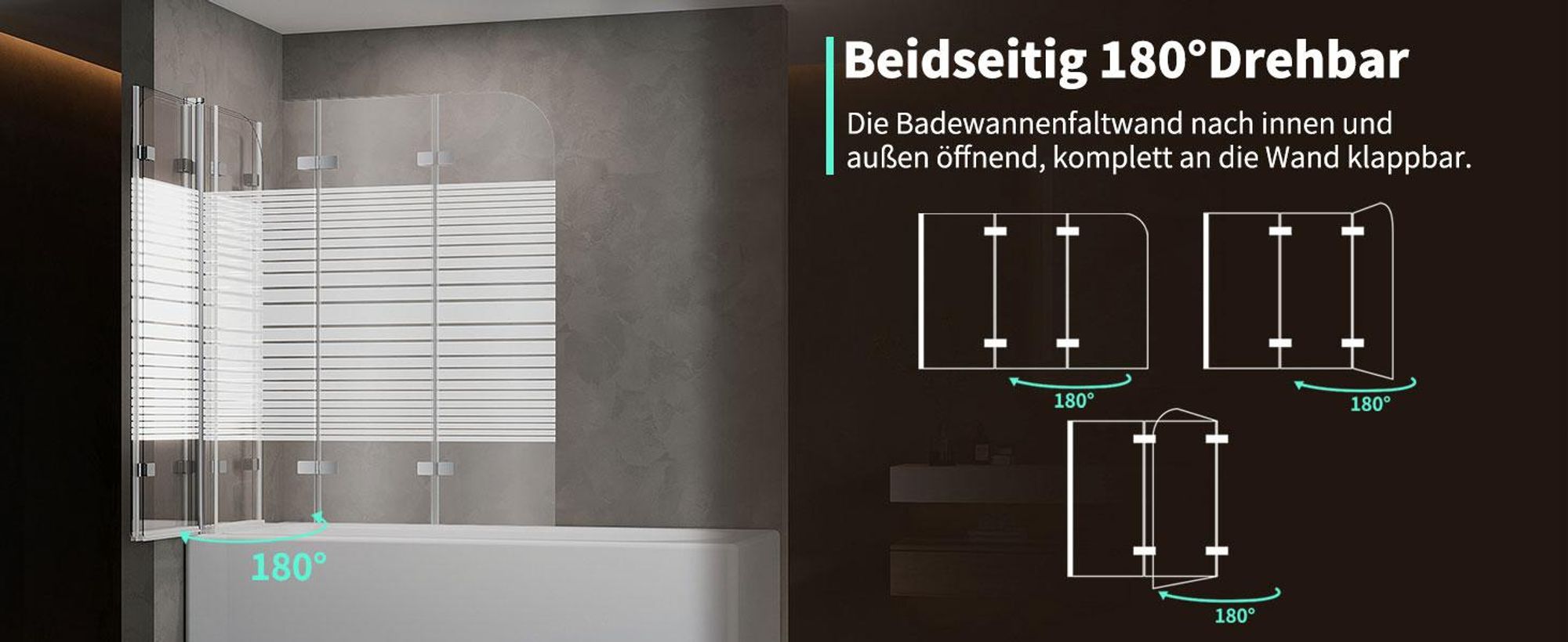 Duschabtrennung Faltbar Duschwand für Badewanne 120x140cm 3-Teilig Badewannenfaltwand Silber Badewannenaufsatz aus ESG GLAS Duschtrennwand, Streifen