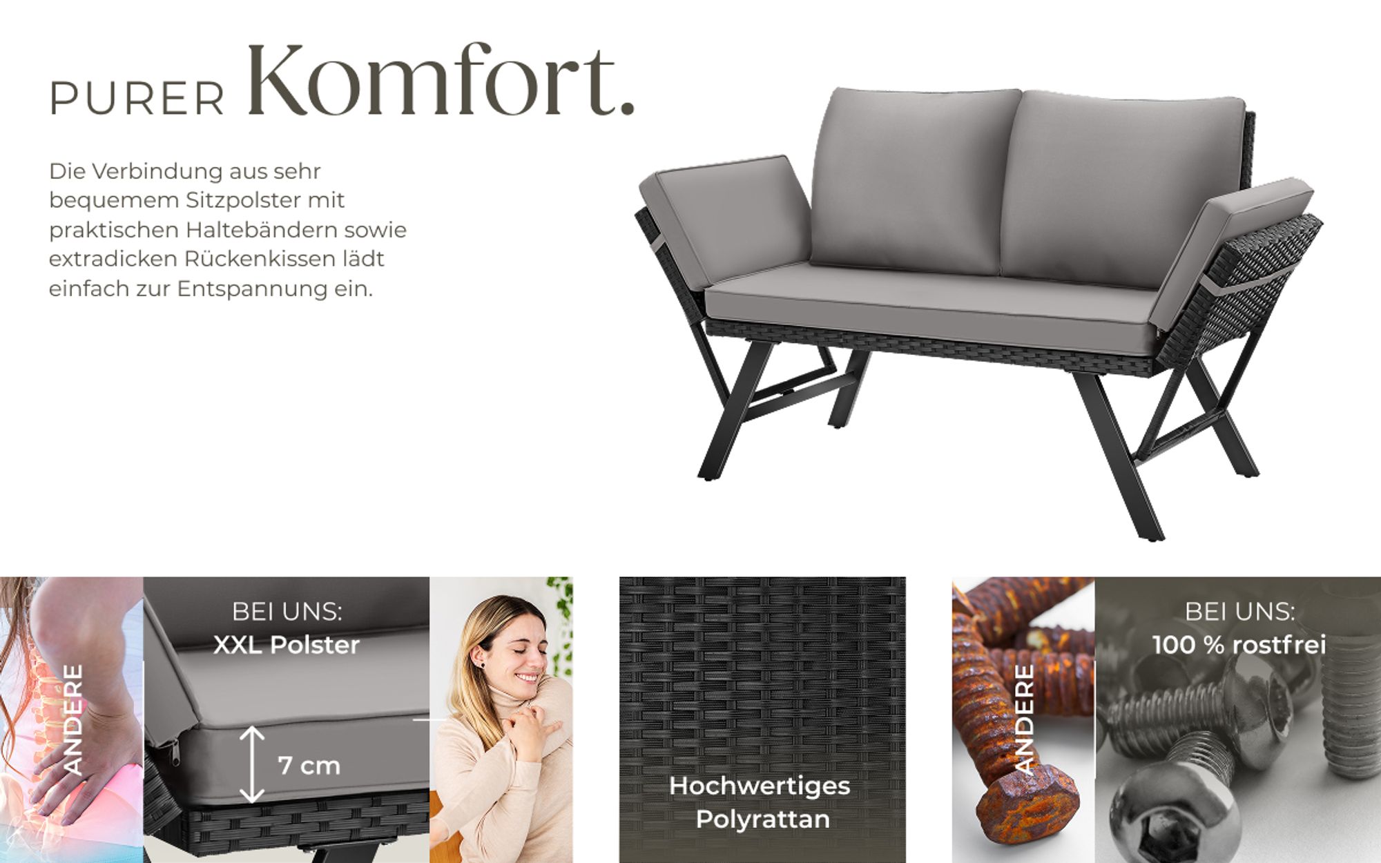 tectake® Rattan-Loungesofa Sintra 2in1 Funktion UV-beständiges und wetterfestes Geflecht