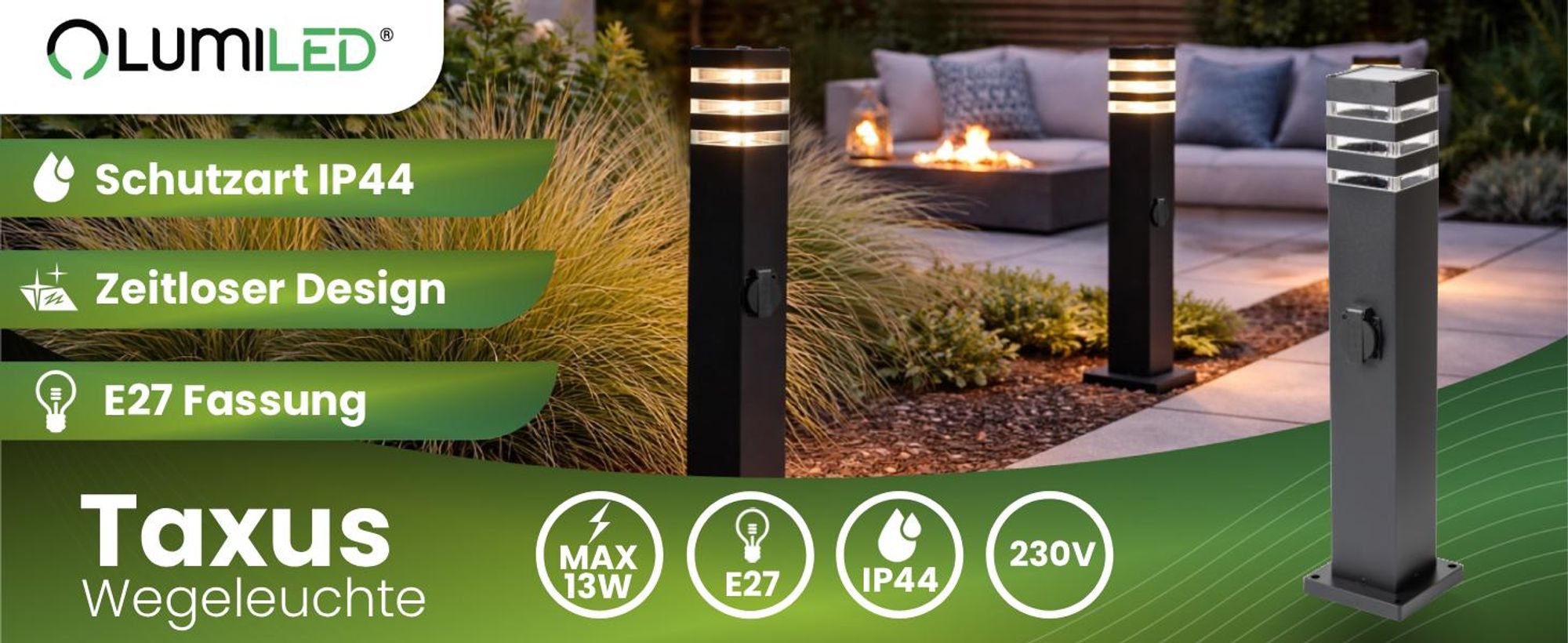 LUMILED Wegeleuchte Außen Pollerleuchte Außenstehleuchte Stehlampe mit Steckdose Gartenleuchte Wegelampe Stromsäule 60cm IP44 E27 Fassung max 13W