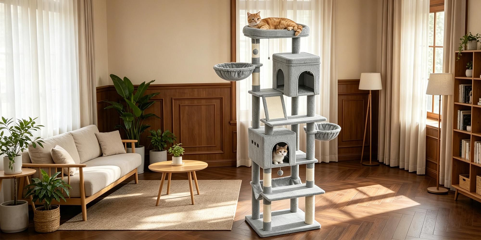 Fobyfurny Kratzbaum Groß, 213 cm Hoch, XXL Katzenbaum, 2 Plattformen, 2 Höhlen, 5 Kratzstämme, Kratzbrett, Katzenkorb, Hängematte,Maine Coon