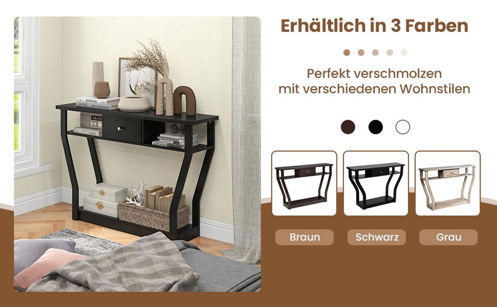 COSTWAY Konsolentisch mit Schublade und Regal, Flurtisch Beistelltisch schwarz