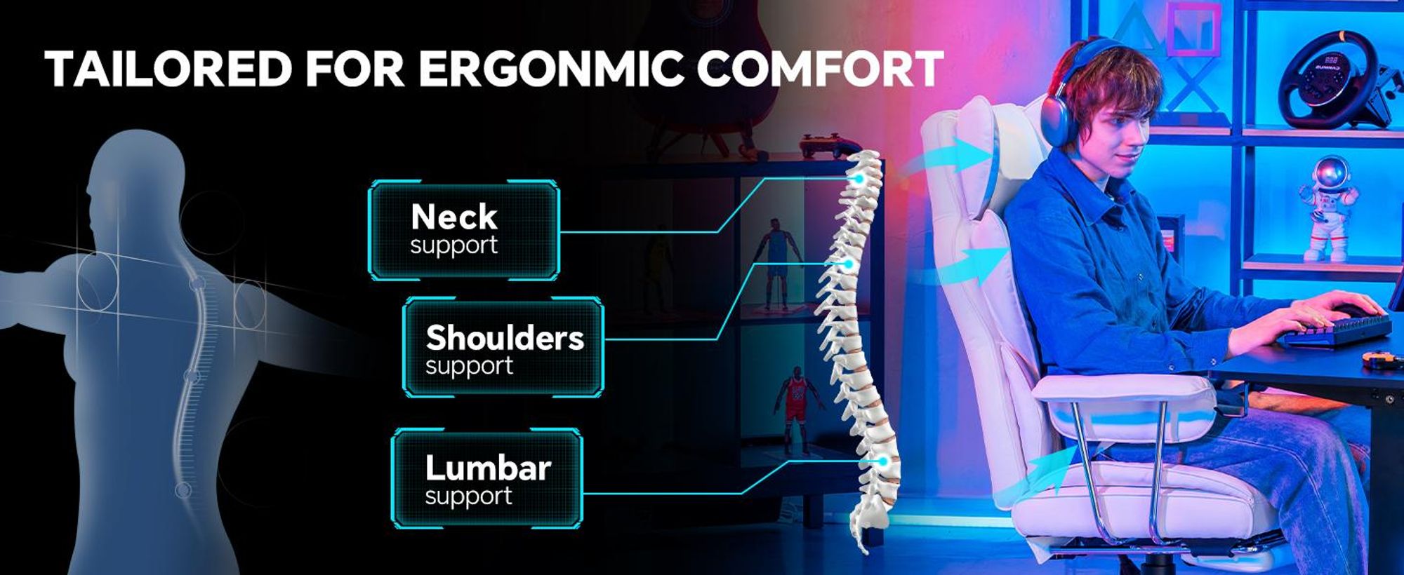 Fotel do gier GTPLAYER, fotel dla graczy, ergonomiczny fotel biurowy z podnóżkiem, regulowanym podparciem lędźwi i poduszką pod głowę, tapicerowany fotel do gier, fotel do gier
