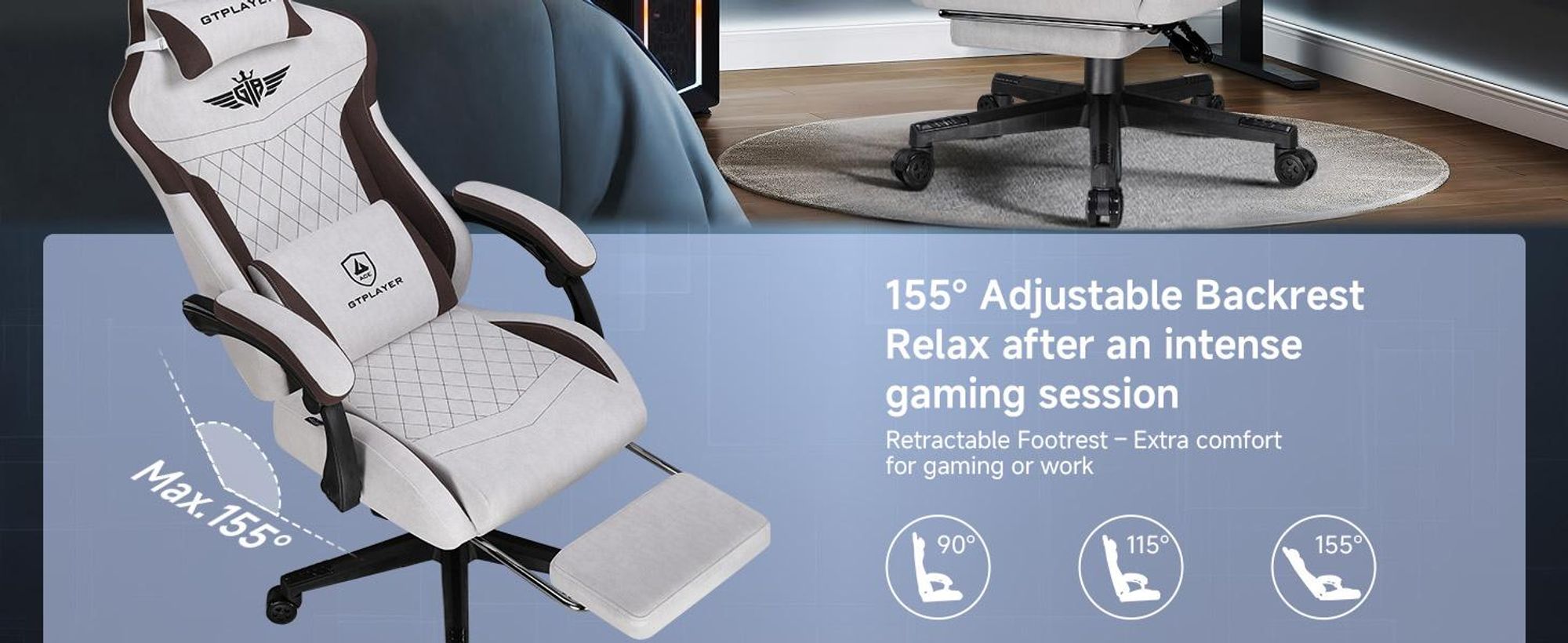 GTPLAYER Gaming Stuhl, Ergonomischer Gamer Stuhl aus Stoff mit Lendenwirbelstütze, PC-Stuhl mit verbreiterter Rückenlehne, Belastbar bis 150 kg, Braun