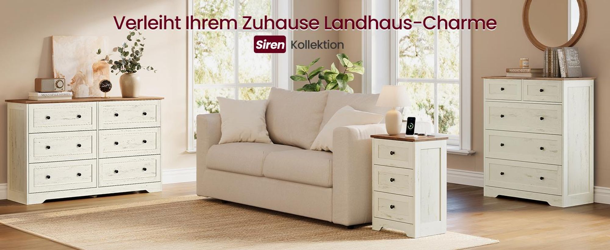 VASAGLE Nachttisch mit Steckdose und 3 Schubladen, 40 x 30 x 59 cm, Weiß und Braun