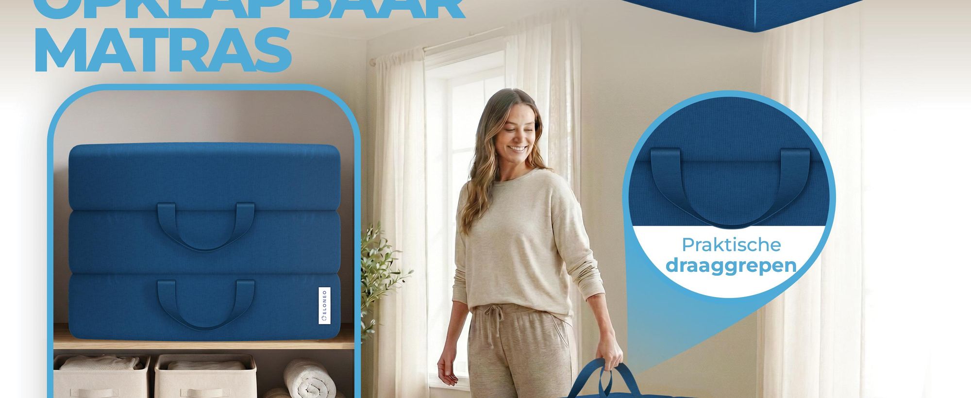 ELONEO Opklapbare matrassen, gastenmatrassen, 3-delige opvouwbare matrassen, extra dik schuim (15 cm), geschikt voor mensen met rugproblemen, opklapbaar, opvouwbare matras (blauw)