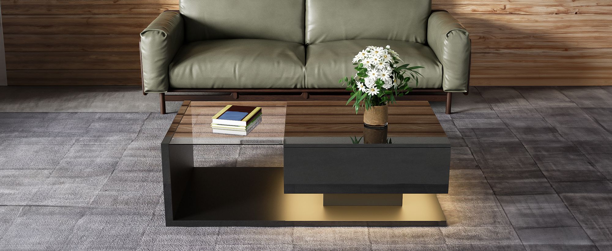 okwish Couchtisch Hochglanz Rechteckig, LED-Beistelltisch für Schlafzimmer, Wohnzimmertische mitGlas fürs Wohnzimmer, Beistelltisch mit 1 Schublade, Schwarz