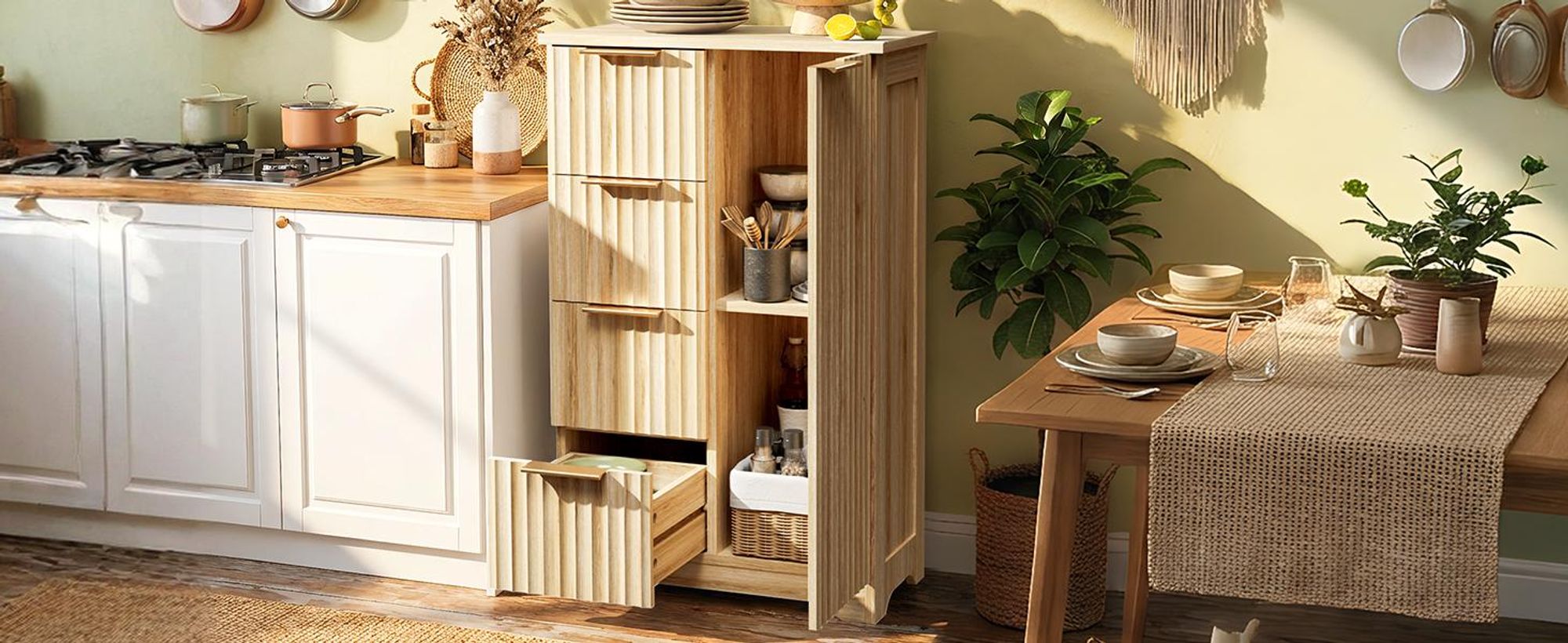 FCH Küchenschrank, Buffet Kommode mit 1 Türen und 4 Schubladen, für Wohnzimmer, Esszimmer und Küche, 53.4 x 29 x 82 cm, Eiche
