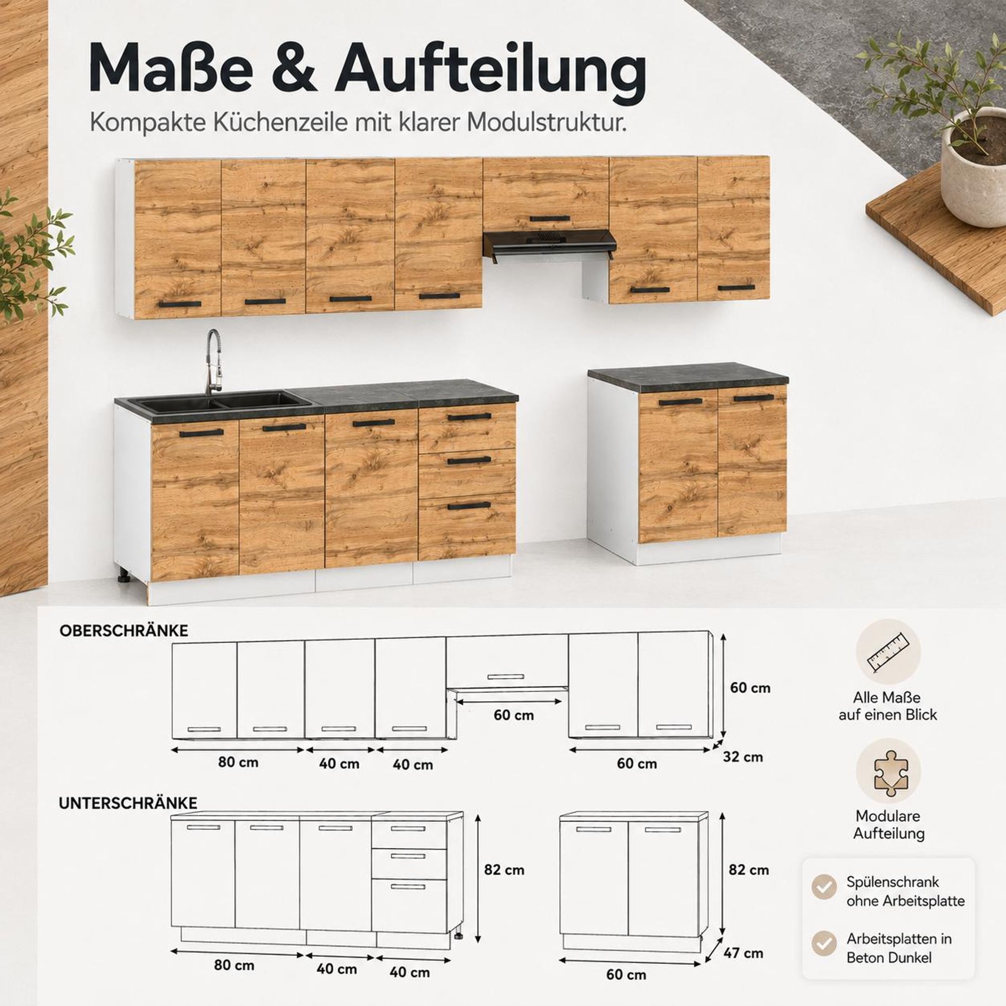 Maße der Küchenzeile: Oberschränke H60/T32 cm, Unterschränke H82/T47 cm im Überblick