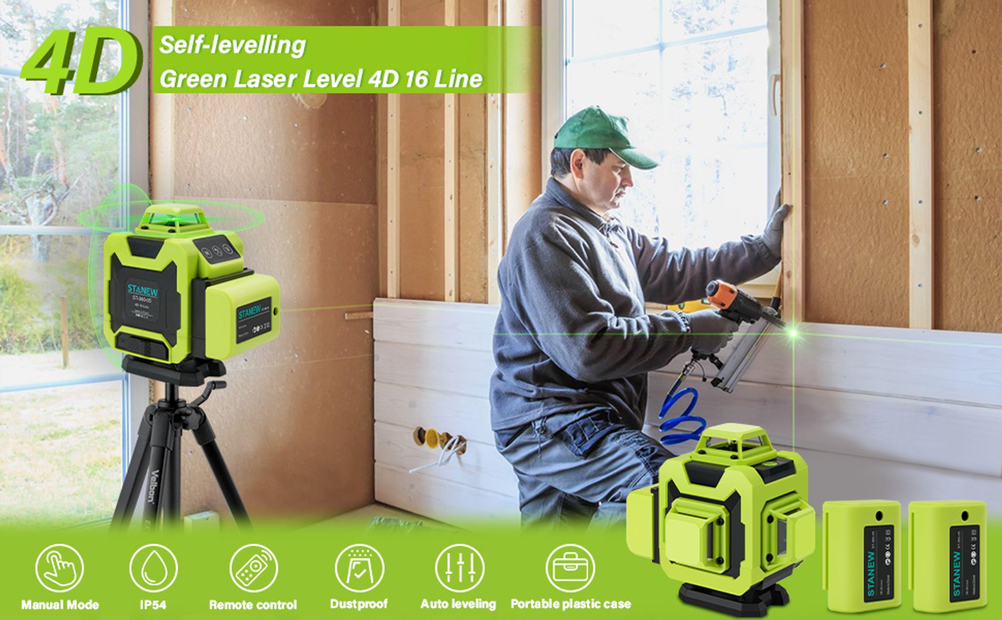 STANEW Kreuzlinienlaser Grün 16 Linien, 4 x 360 °Laser Wasserwaage Selbstnivellierend,Linienlaser kreuzlaser Baulaser für Innenbereich Baustelle, 2 x2400mAh Wiederaufladbare Batterie