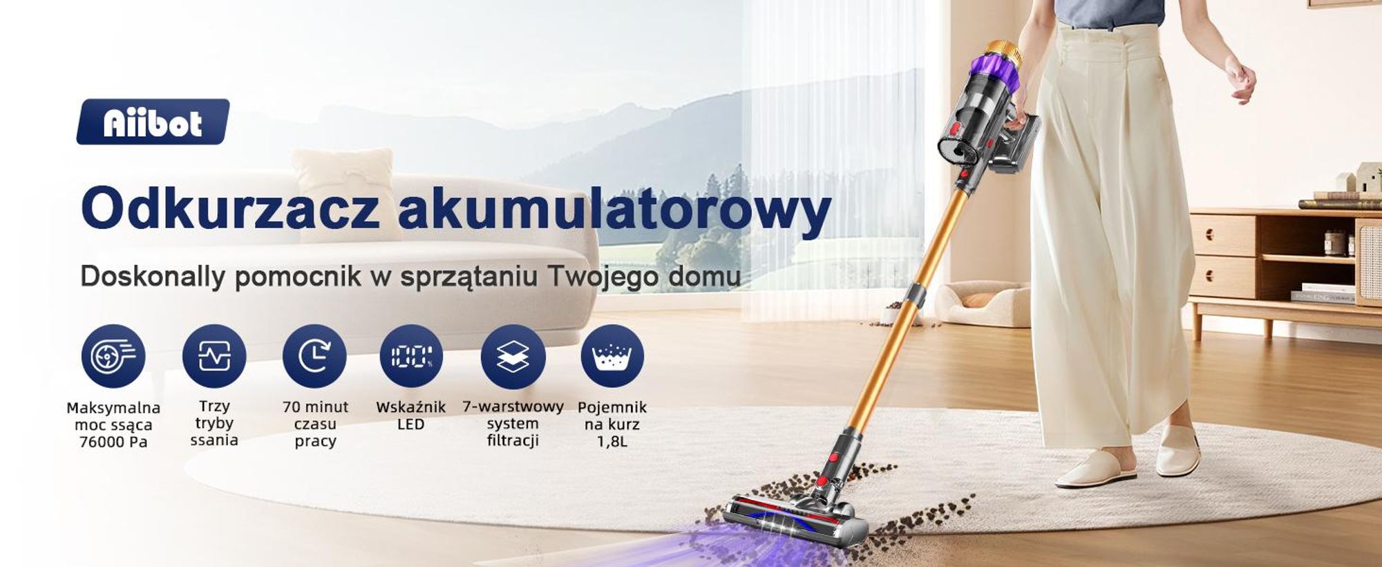 Odkurzacz akumulatorowy Aiibot 80000Pa, 70 minut pracy bezprzewodowej, odkurzacz akumulatorowy z wyświetlaczem LED i systemem zapobiegającym plątaniu się przewodu, trzy tryby pracy, 10 funkcji w jednym, odkurzacz ręczny, pojemność 2 l