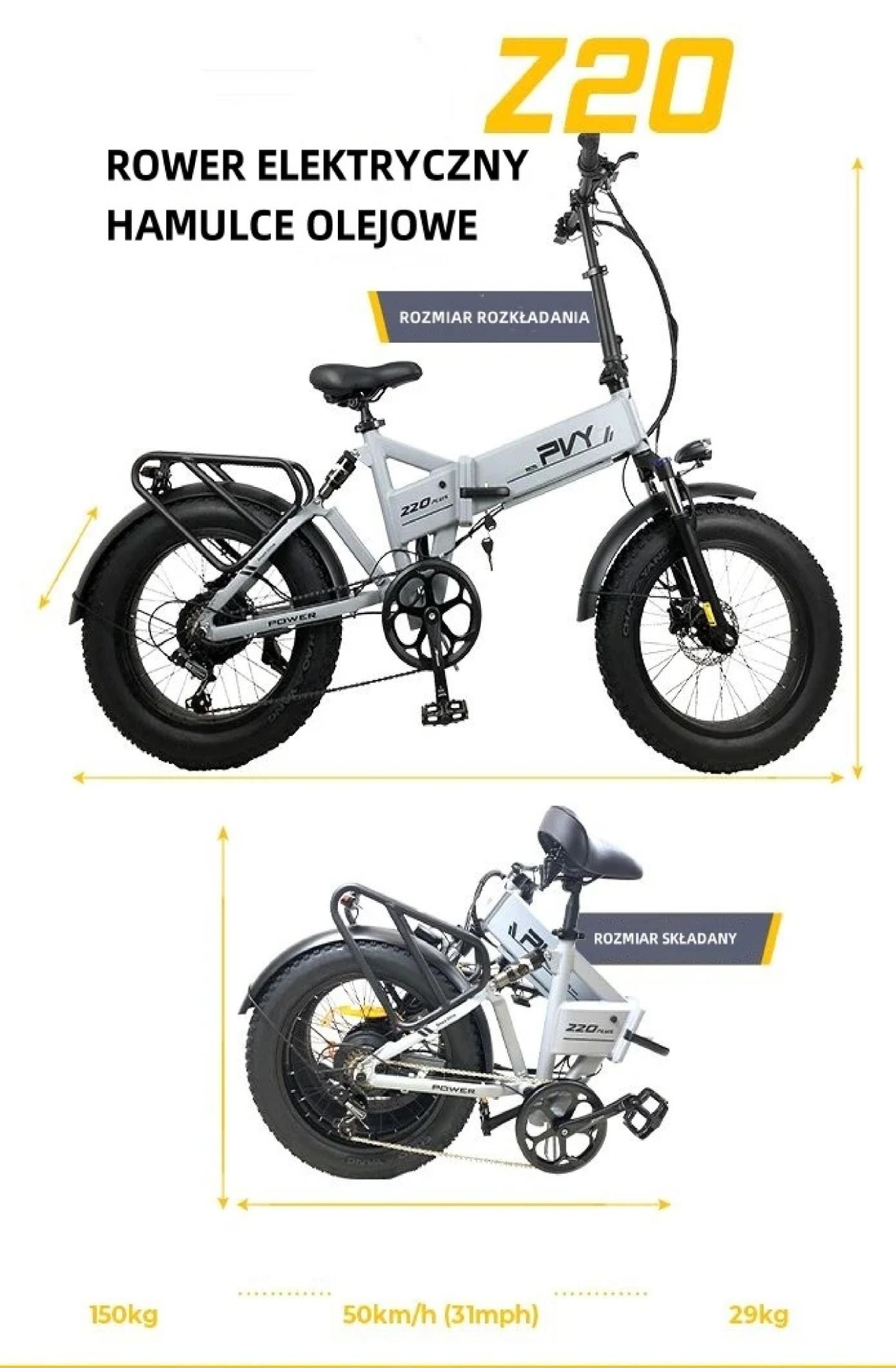 Rower Elektryczny PVY Z20 Plus 1000 - Moc 250W Bateria 48V16.5AH Zasięg 120KM Hamulec Tarczowy Hydrauliczny - Szary