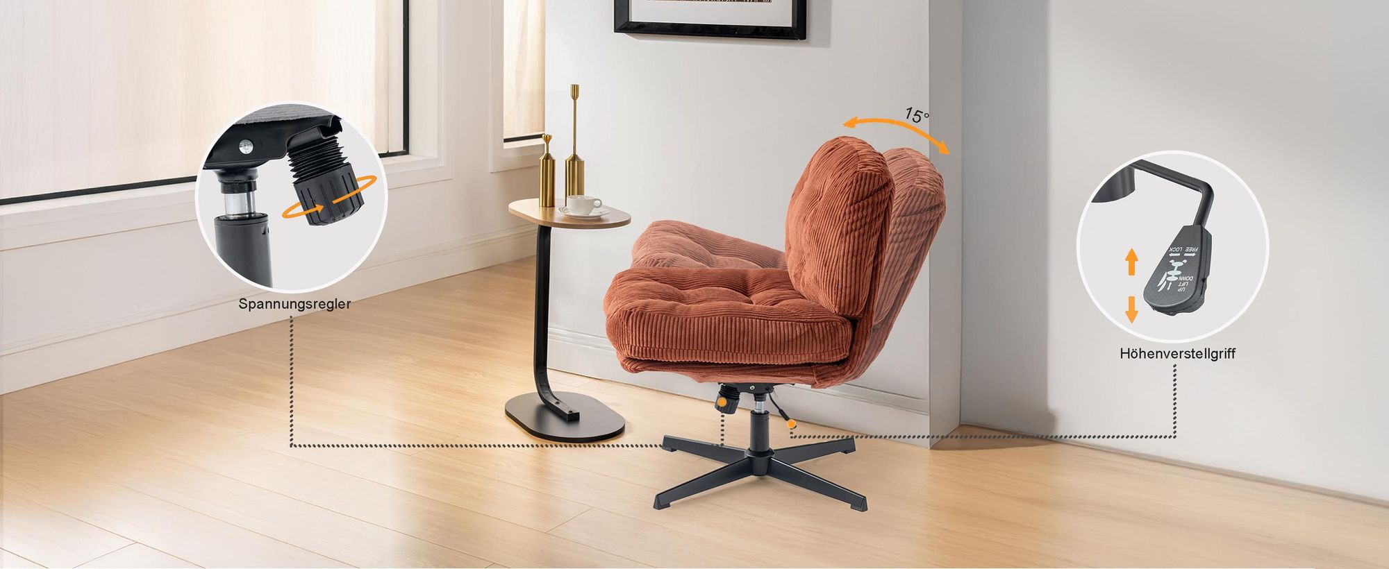 Meubles Cosy Drehbarer und verstellbarer Loungesessel aus ziegelrotem Cord - ALINTONEX
