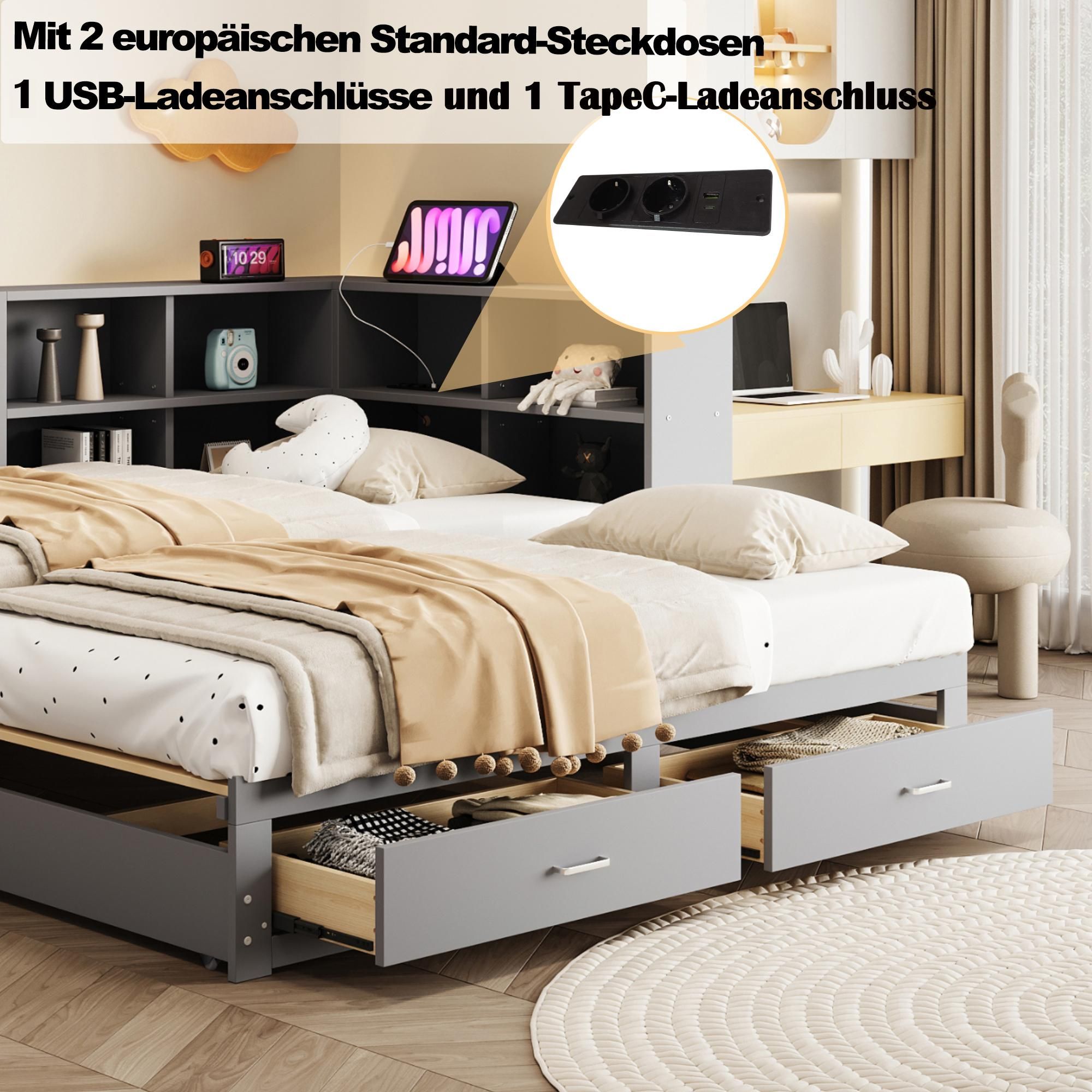 Merax Massivholzbett 90x190/180x190 cm mit Ausziehbett, Tagesbett mit Stauraum und Ladeanschluss, Multifunktionsbett Kinderbett Grau