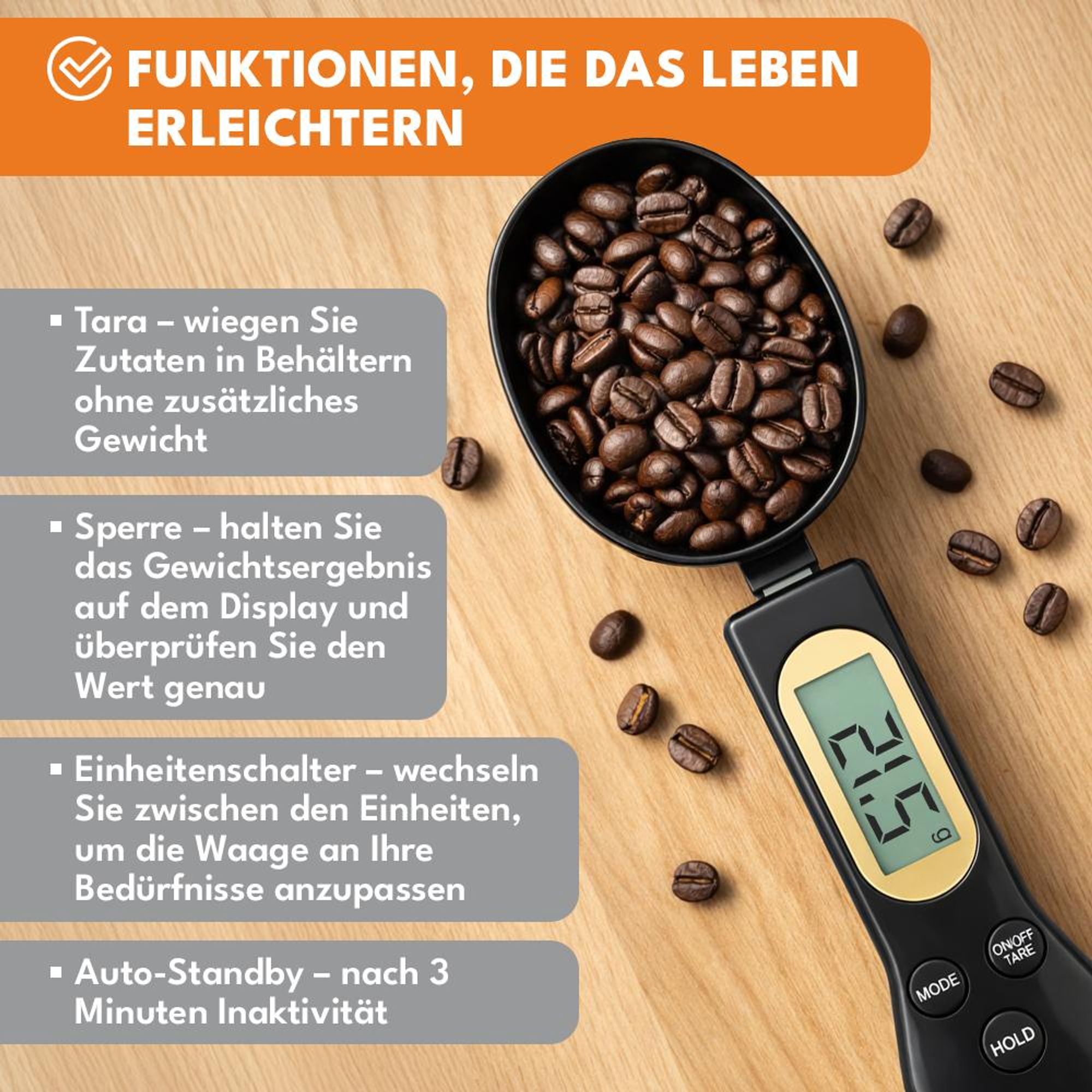KRUMAD Digitale Löffelwaage 0,1 g präzise bis 500 g, Küchenwaage mit LCD Display, Messlöffel Gramm, Feinwaage für Gewürze, Backen & Kochen