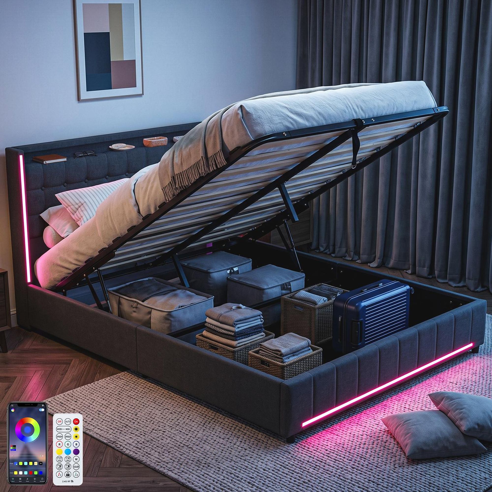 OYAJIA Polsterbett Stauraumbett mit LED Licht 140x200cm,Hydraulisch anhebbarer Doppelbett Mit Lattenrost, Leinenmaterial Polsterbettt,RGB Beleuchtung