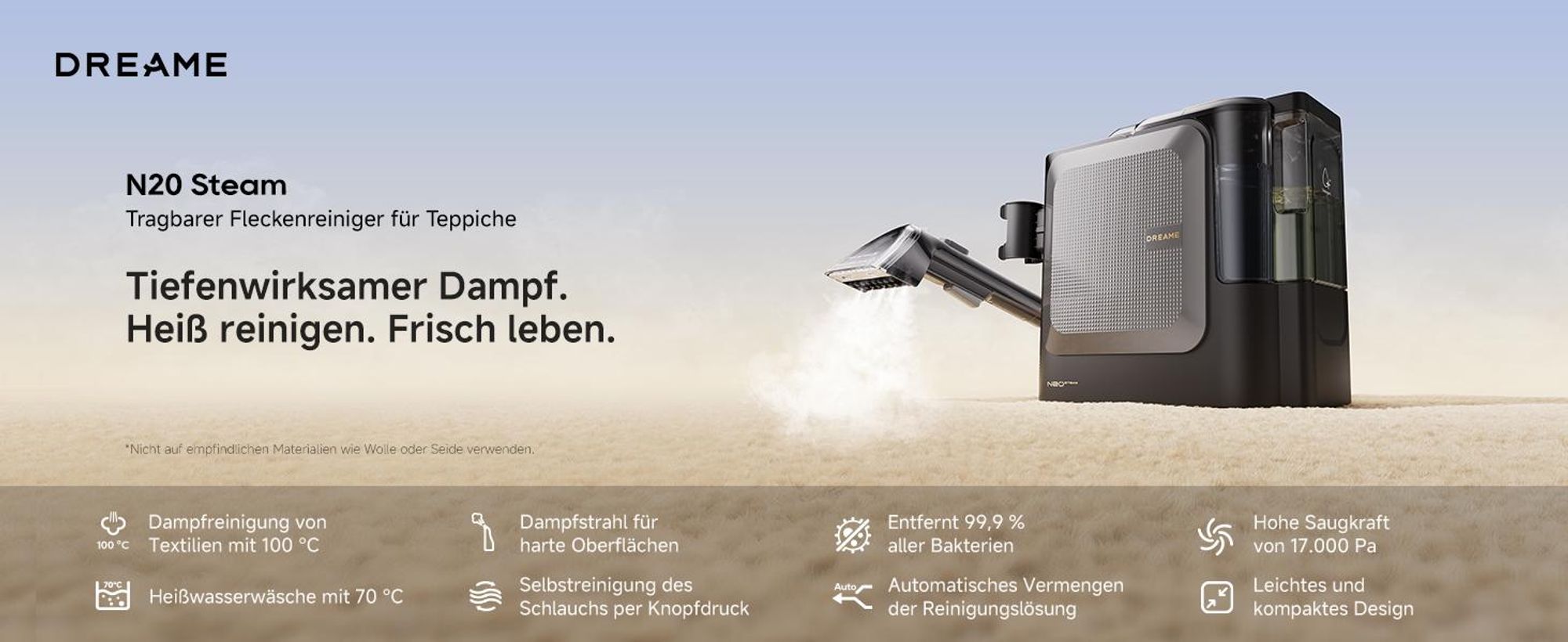 Dreame N20 Tragbarer Nass-und Trockensauger,17kPa Saugkraft,100°C Dampfreinigung,70°C Heißwasserreinigung,20Min Schnelltrocknung,Selbstreinigung