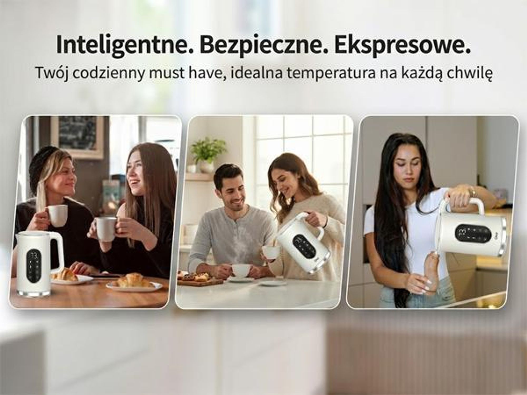 Czajnik elektryczny Olvy w kolorze kremowym, pojemność 1,7 l – wyświetlacz LCD, moc 2200 W, bez BPA, funkcja utrzymywania ciepła, filtr przeciwkamienny, regulacja temperatury w zakresie 40–100°C, stal nierdzewna
