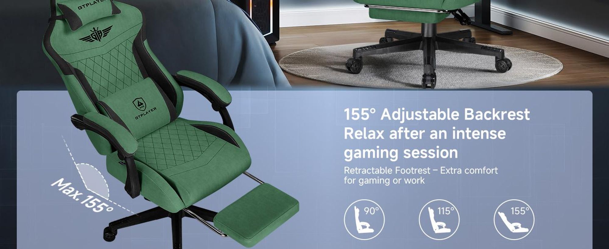 Fotel gamingowy GTPLAYER, ergonomiczny fotel dla graczy wykonany z tkaniny z podparciem lędźwiowym, fotel PC z poszerzonym oparciem, nośność do 150 kg, zielony