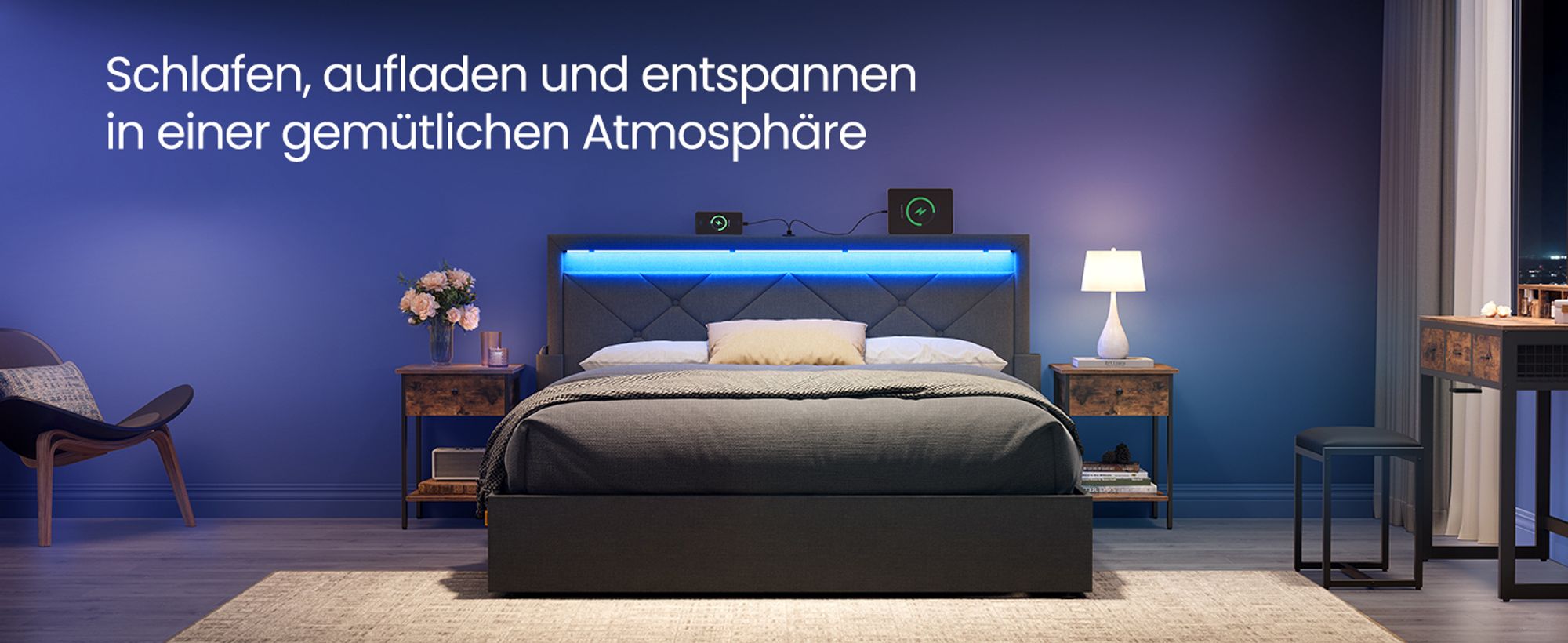 VASAGLE Doppelbettgestell, Bettgestell, 140 x 200 cm, LED, Metallbett, 4 Schubladen, Ladestation, verstellbares gepolstertes Kopfteil, Schiefergrau