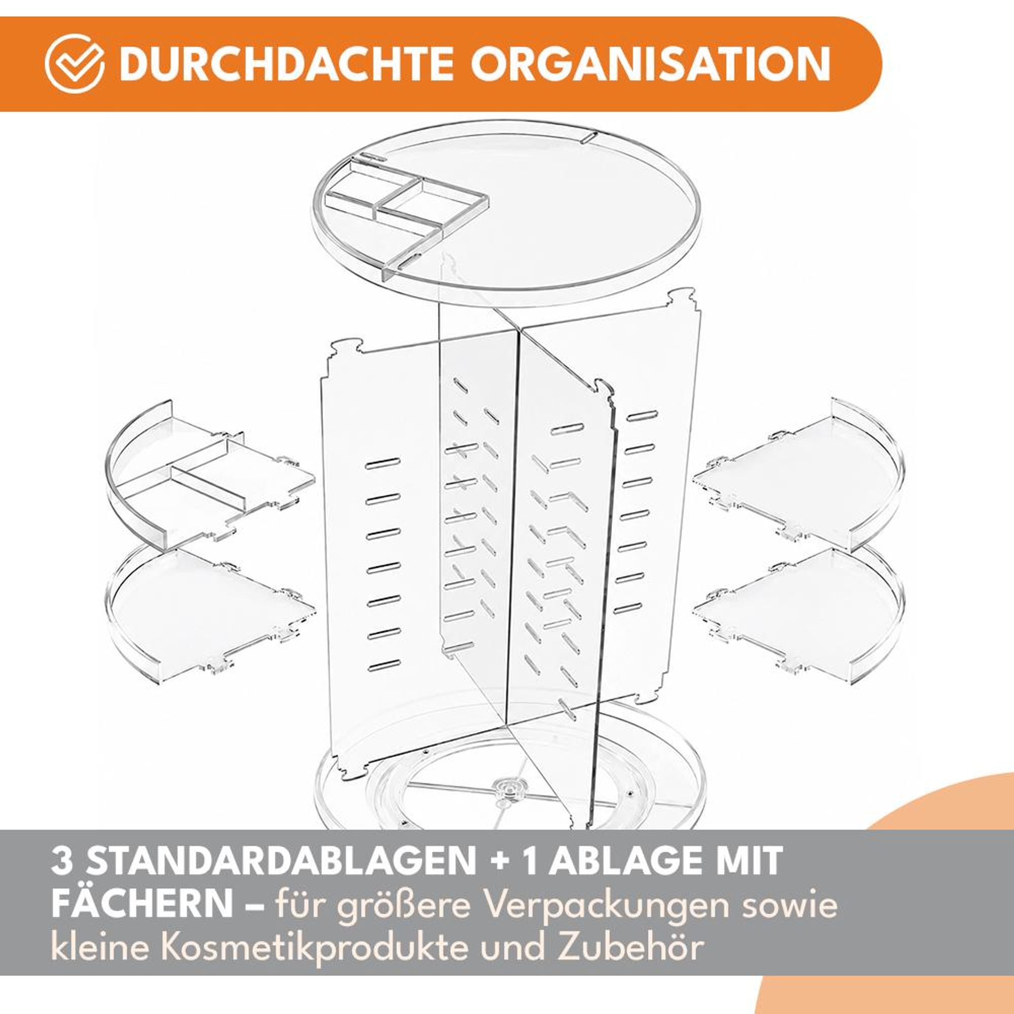 KRUMAD Schminktisch Organizer, Kosmetik Organizer drehbar, Make-up und Parfüm Aufbewahrung, 7 Höhenstufen, verstellbare Böden, Kunststoff