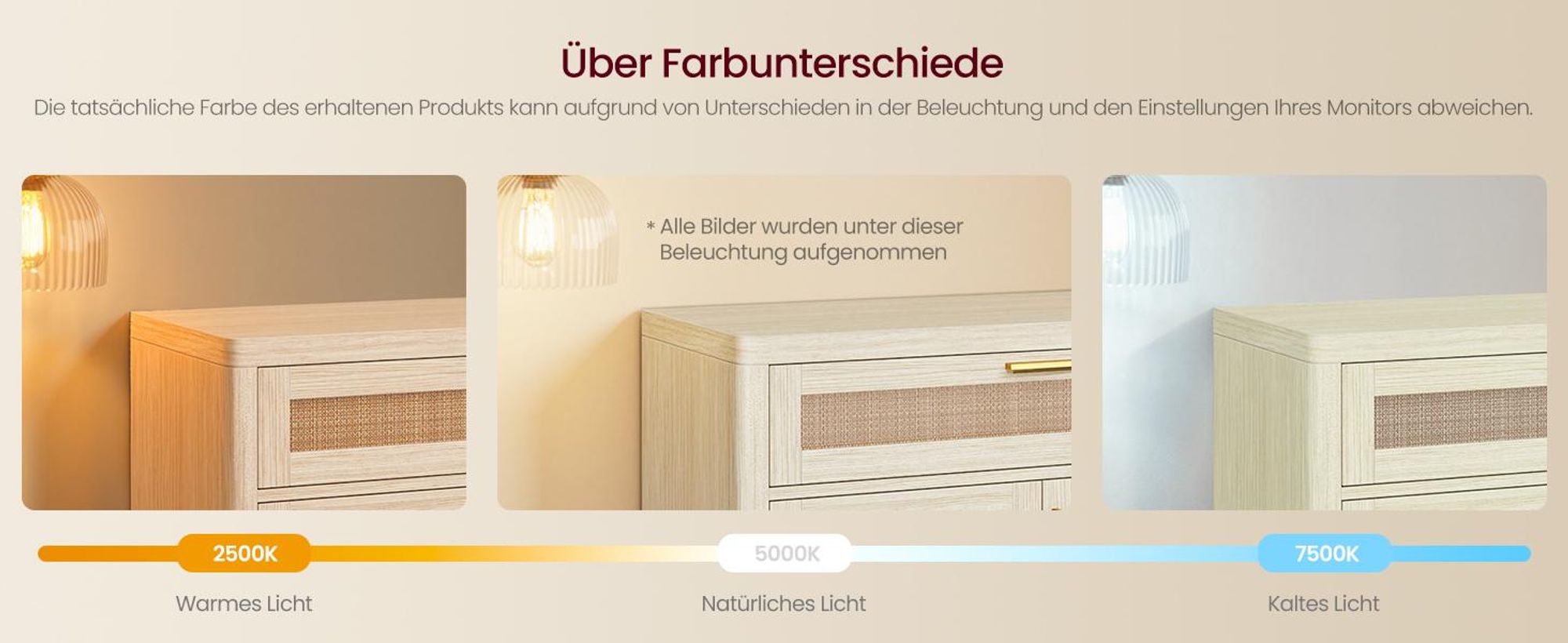 VASAGLE Küchenschrank im Boho-Stil, Türen Rattan-Optik, Sideboard, verstellbare Ablage, Schublade, Wohnzimmer, beige