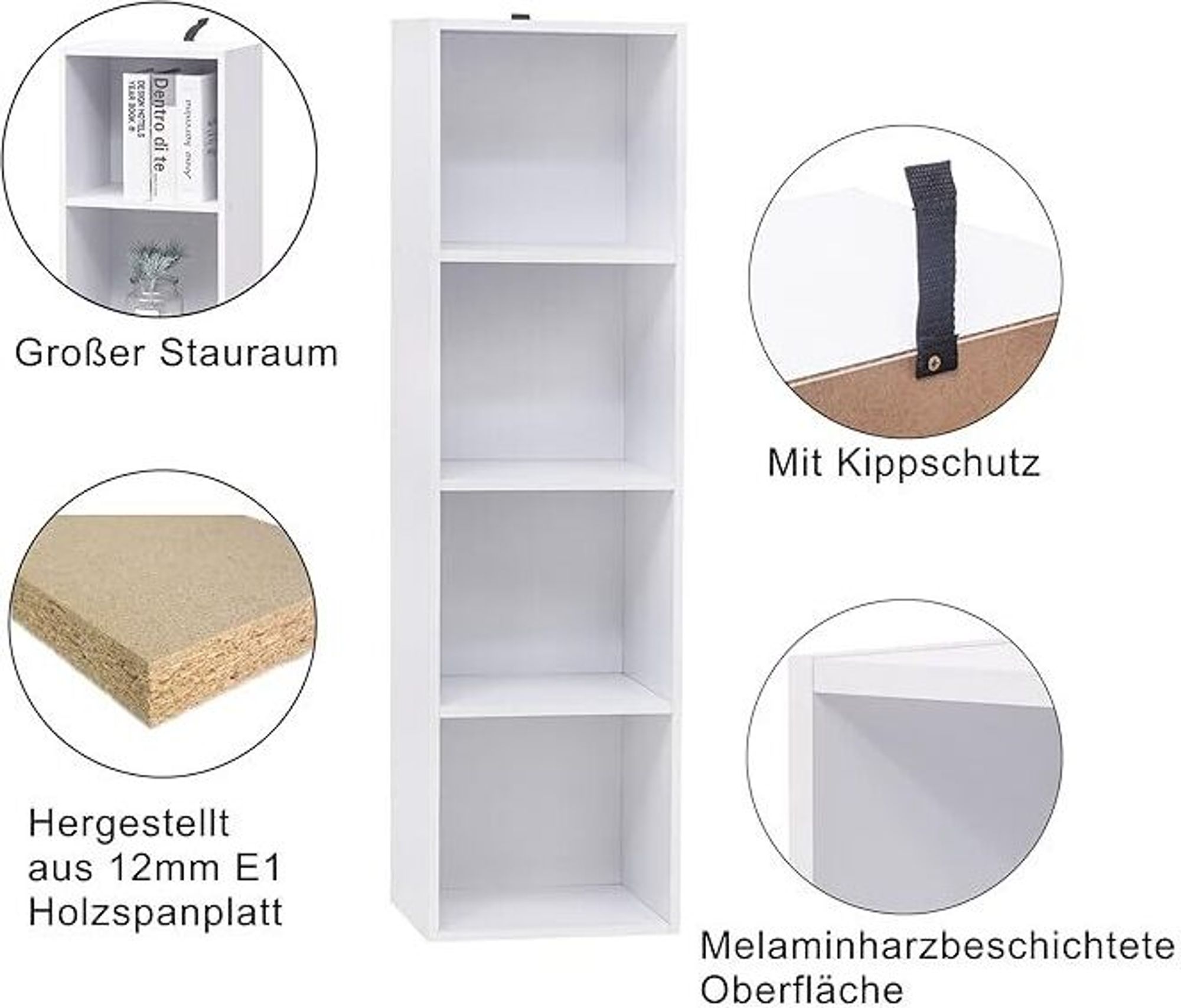 WOLTU Bücherregal mit 4 Fächern, Würfelregal, Standregal, freistehendes Büroregal, Aktenregal, Aufbewahrungsregal aus Holzwerkstoff, 30x106x24 cm (BxHxT), Weiß