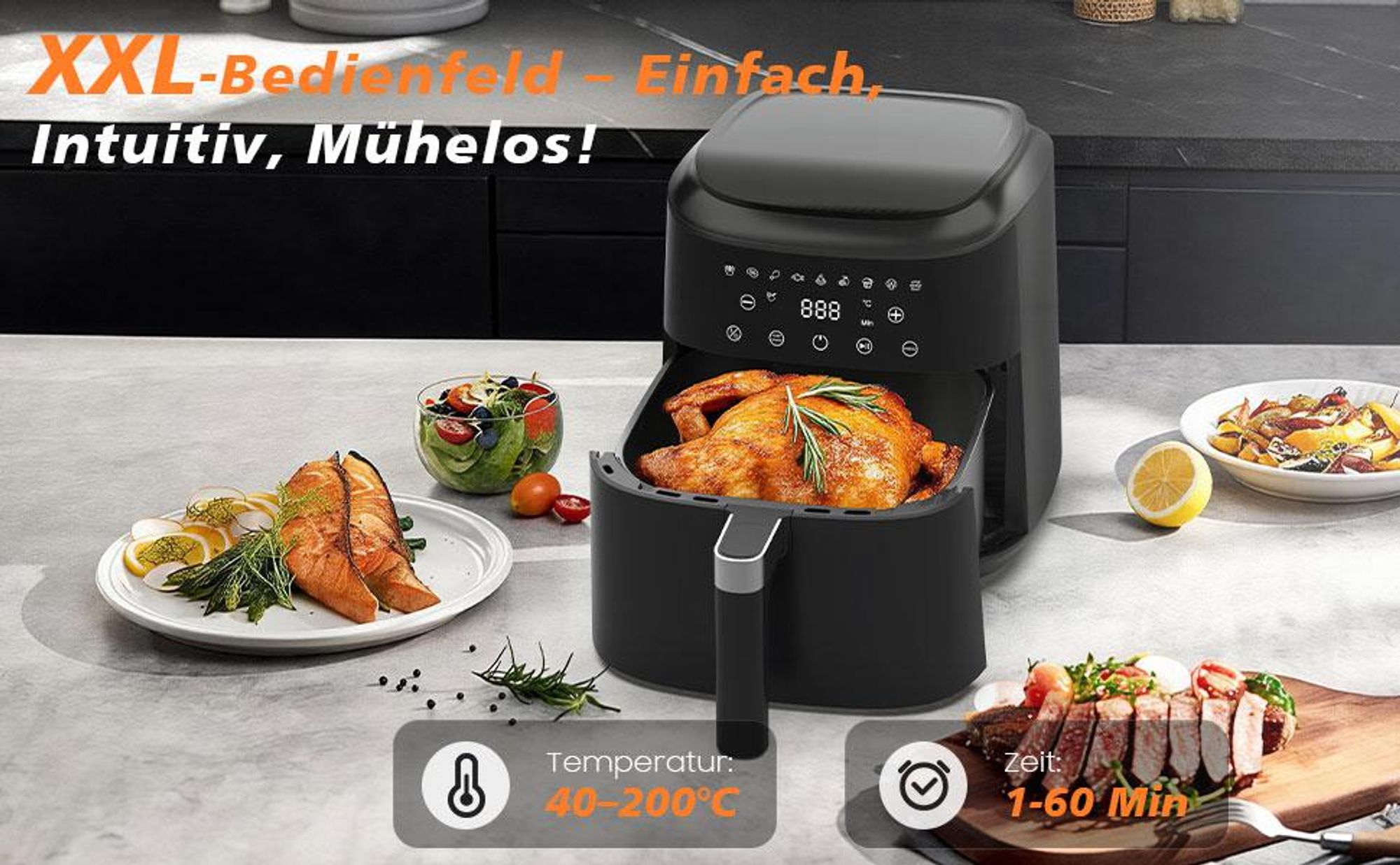 Heißluftfritteuse, 6 Liter, 9 Kochprogramme, Temperaturbereich 40–200 °C, Warmhaltefunktion, antihaftbeschichteter Korb spülmaschinenfest