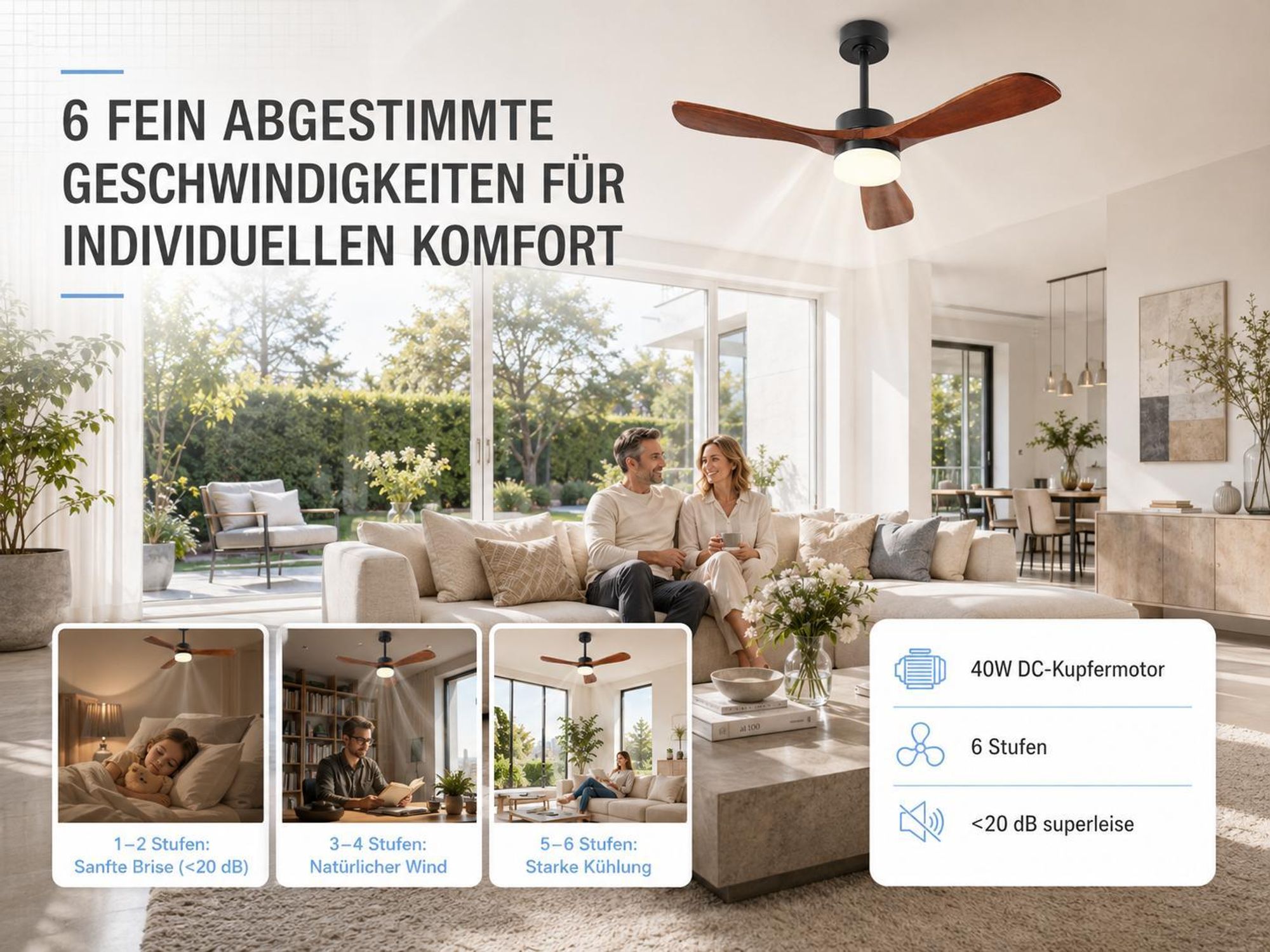 Ø106cm Echtholz Deckenventilator mit Beleuchtung 3 Flügel Ventilator Lampe Decke Smart APP & Fernbedienung 6 Stufen 3 Farben Wohnzimmer Schlafzimmer