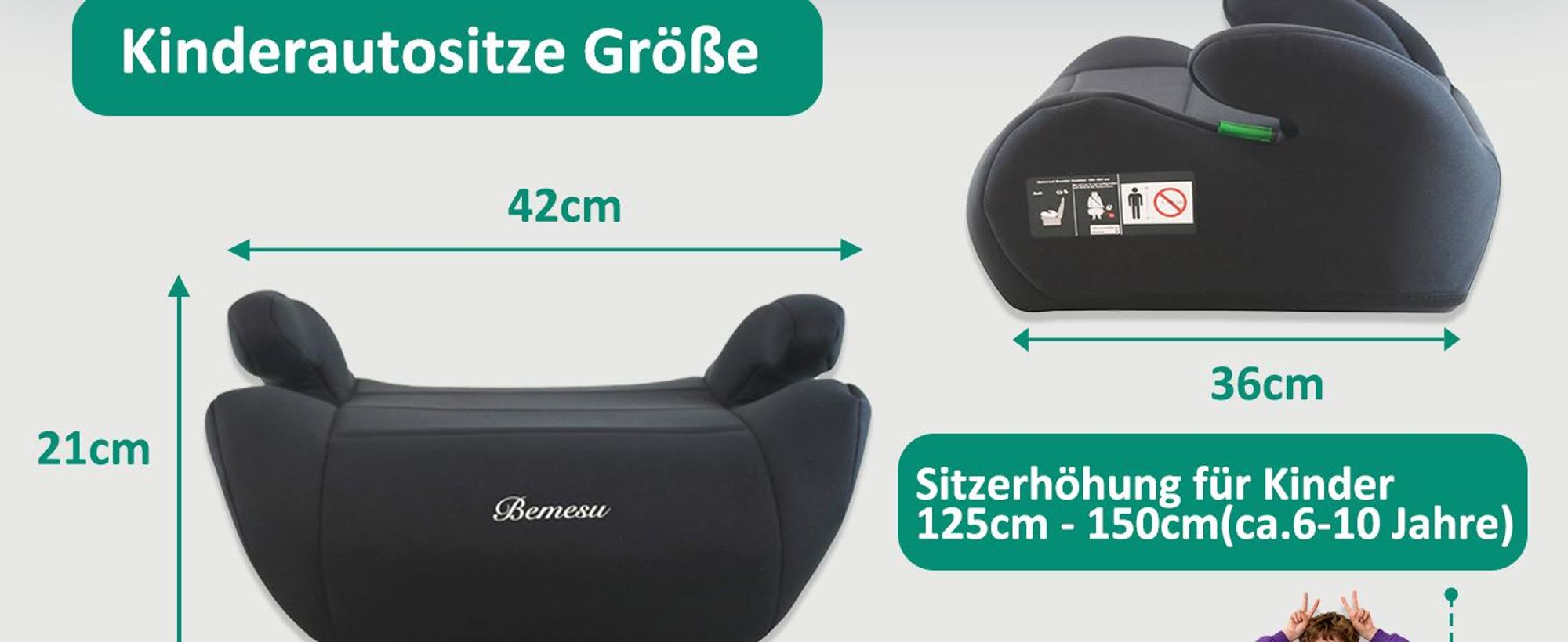 Bemesu Kinder-Autositzerhöhung,ECE R 129 Dreipunkt-Sicherheitsgurt,Booster-Pad,Leicht zu tragen，125–150 cm,6–10 Jahre,Schwarz