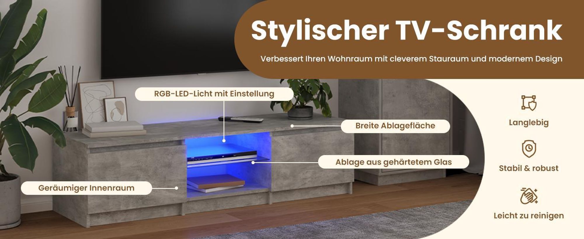 vidaXL TV-Schrank mit LED-Leuchten Betongrau 140x40x36 cm