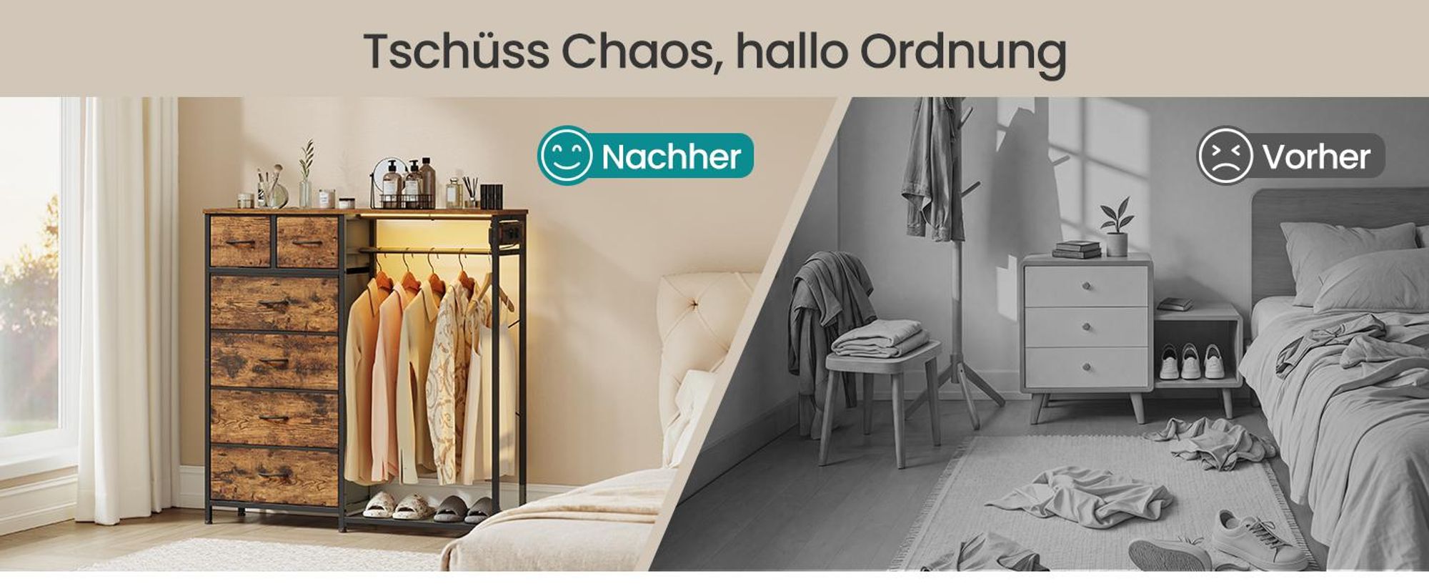 SONGMICS Kleiderständer mit 6 Schubladen, LED-Licht, Steckdosen und Schuhablage, 102,7 x 35 x 117,6 cm, Braun